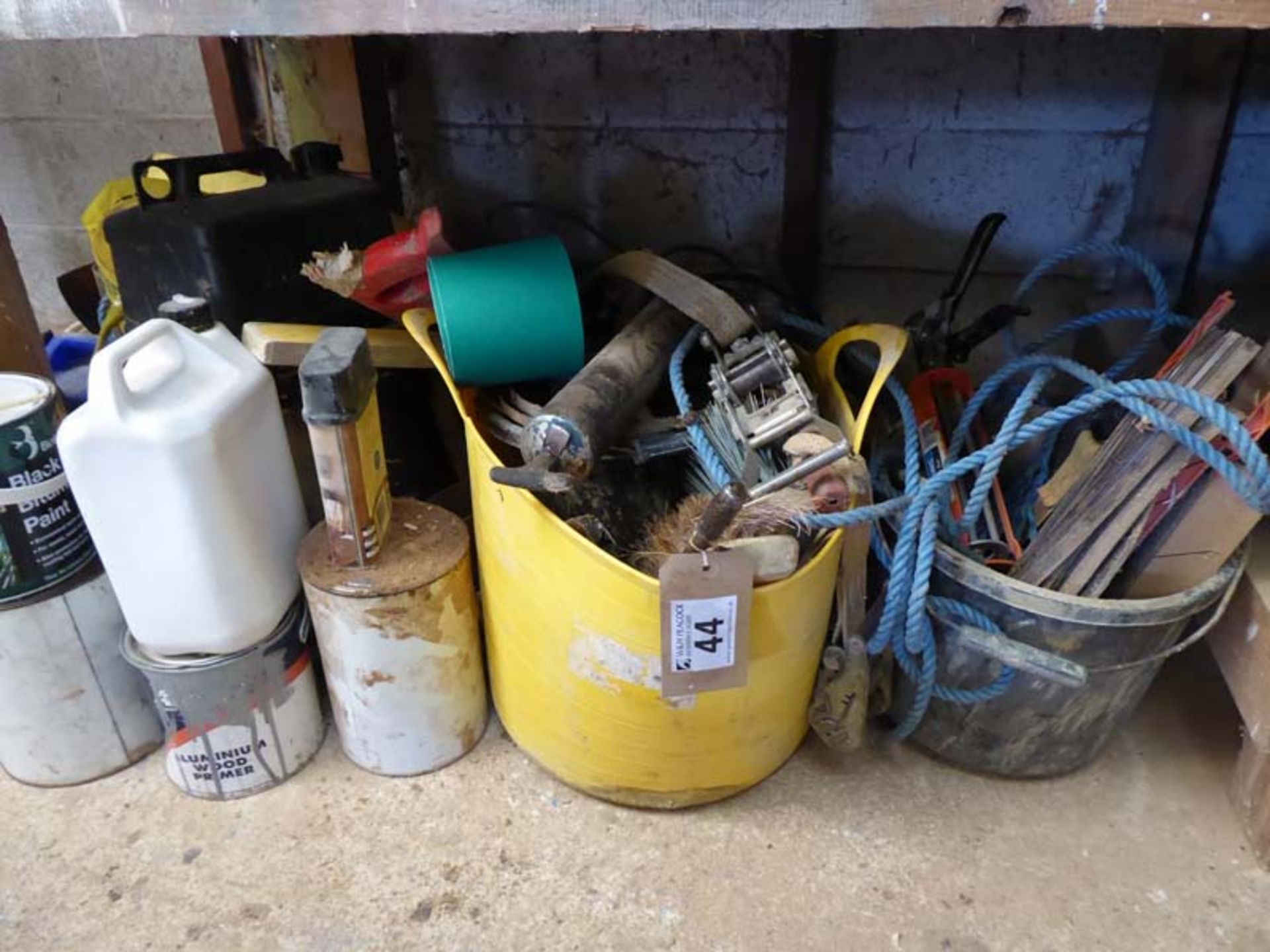 Collection of miscellaneous building equipment, tool cases, tarpaulin cover, piping and sundry items