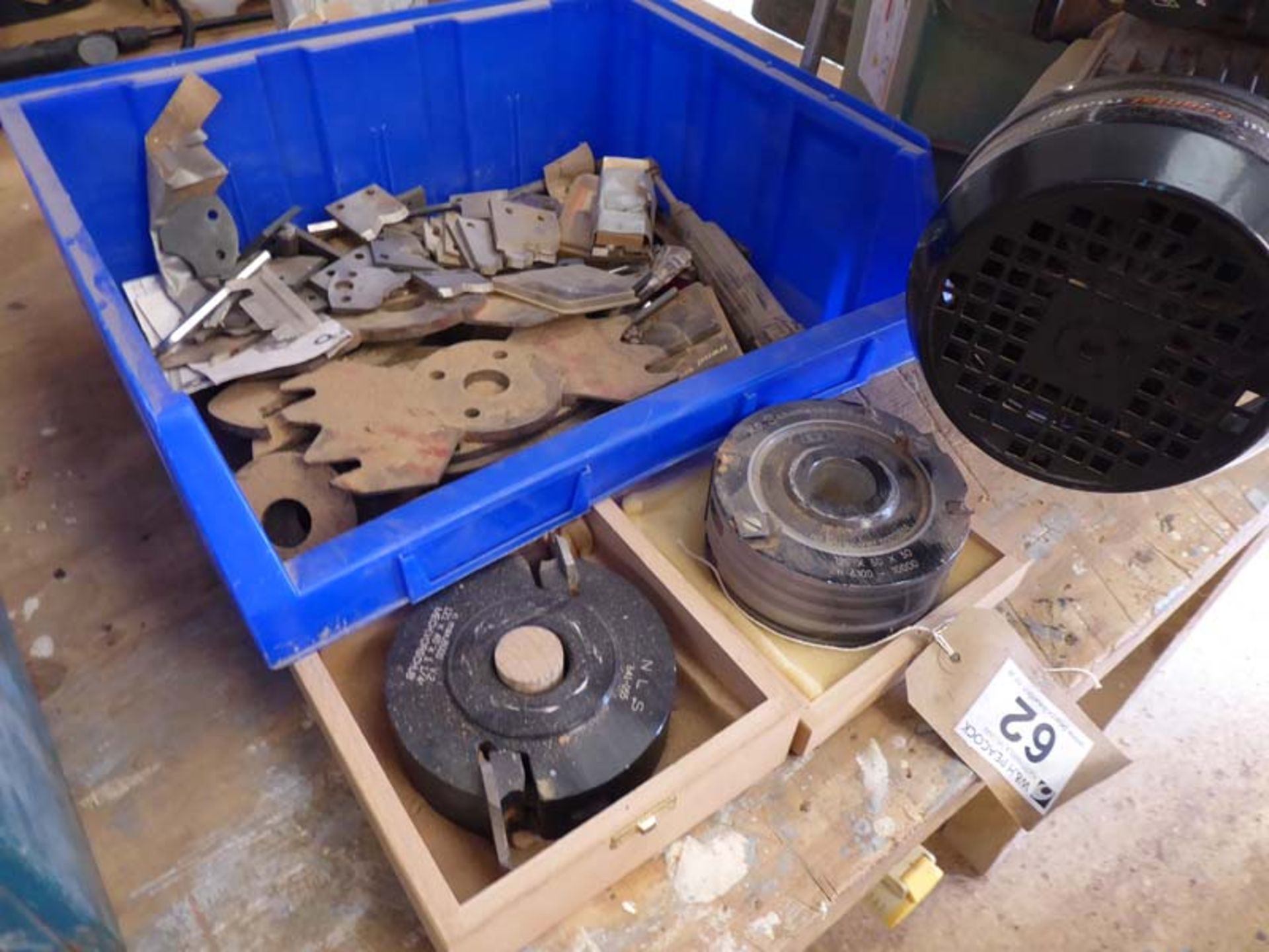 2 spindle moulder cutter blocks and a lin bin of various cutter blades