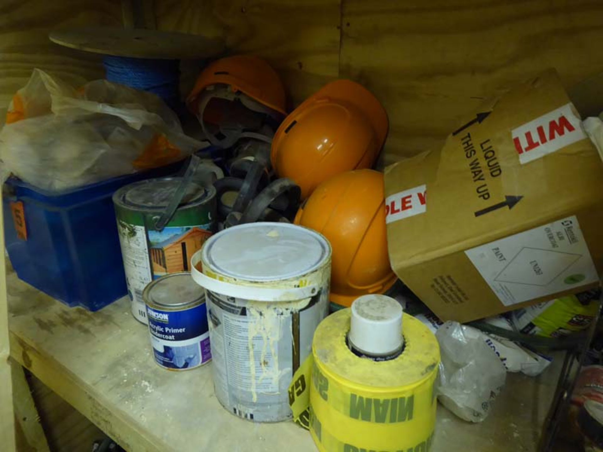 Miscellaneous safety fencing, piping, work bench, safety helmets, paint and other builders items - Image 3 of 6