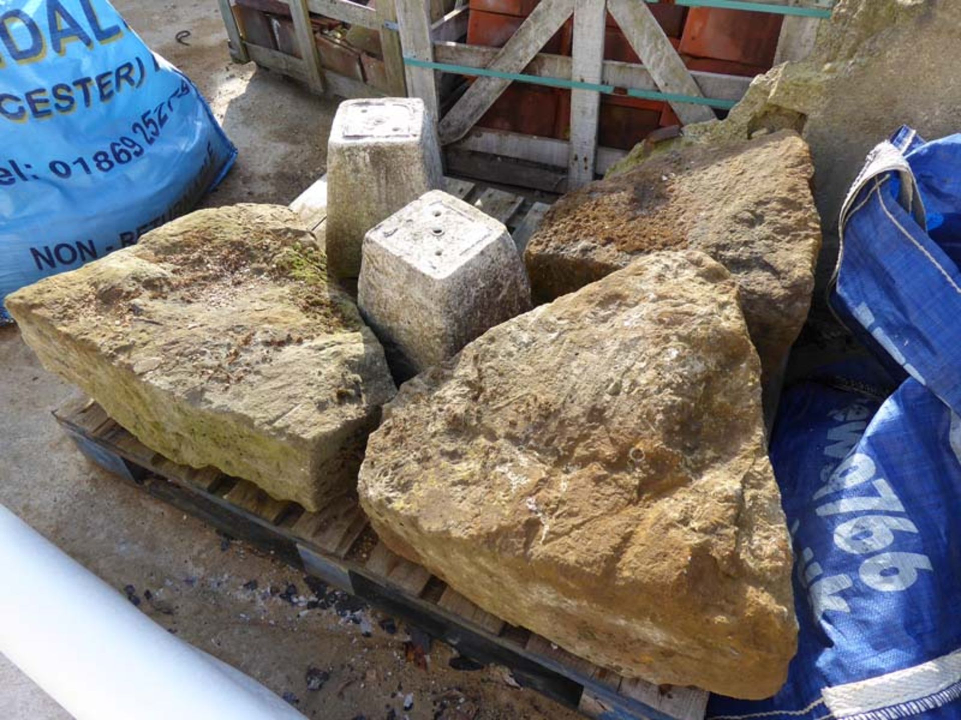 3 large sandstone staddle stone bases and 2 reconstituted stone staddle bases - Image 2 of 2