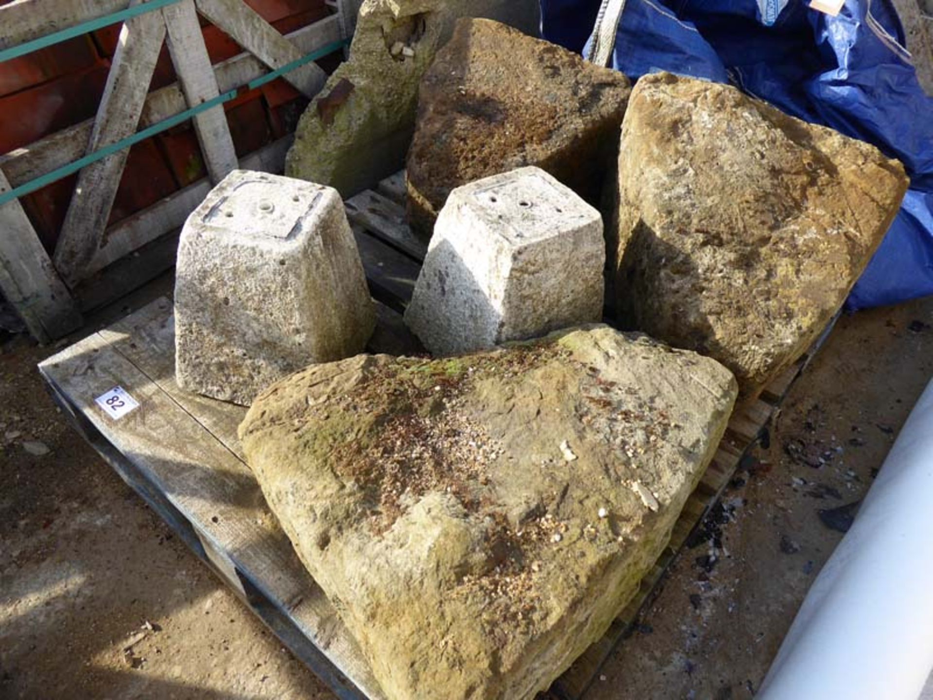 3 large sandstone staddle stone bases and 2 reconstituted stone staddle bases