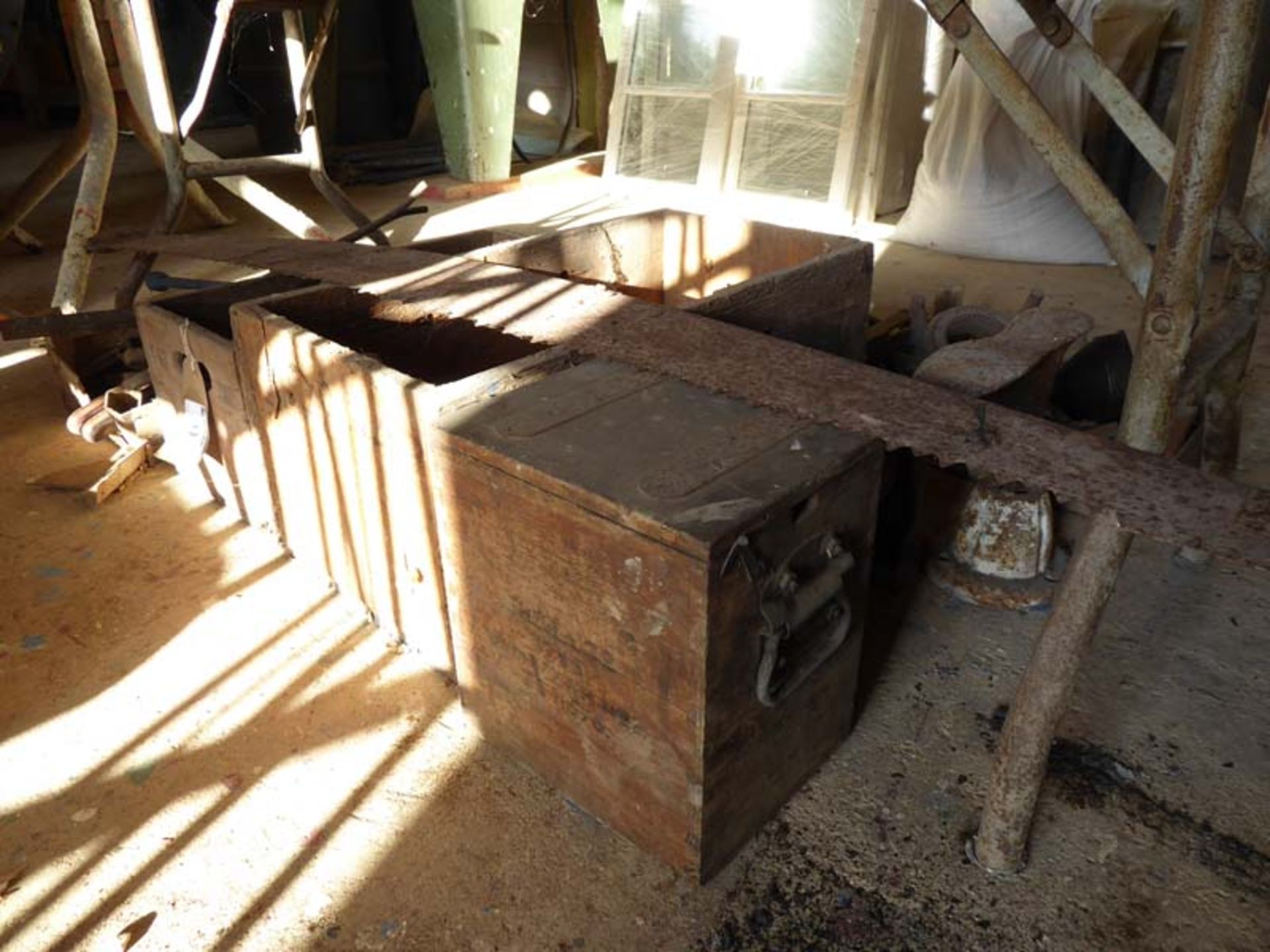 Various boxes of blacksmith tools, spanners, cobblers last, cross cut saw etc - Image 2 of 3