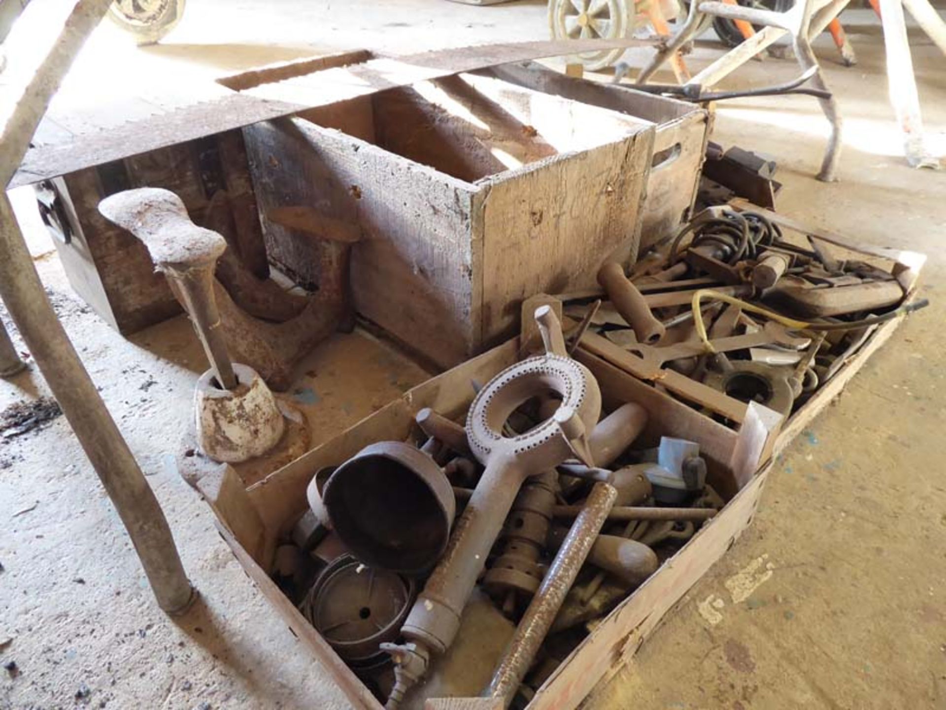 Various boxes of blacksmith tools, spanners, cobblers last, cross cut saw etc - Image 3 of 3