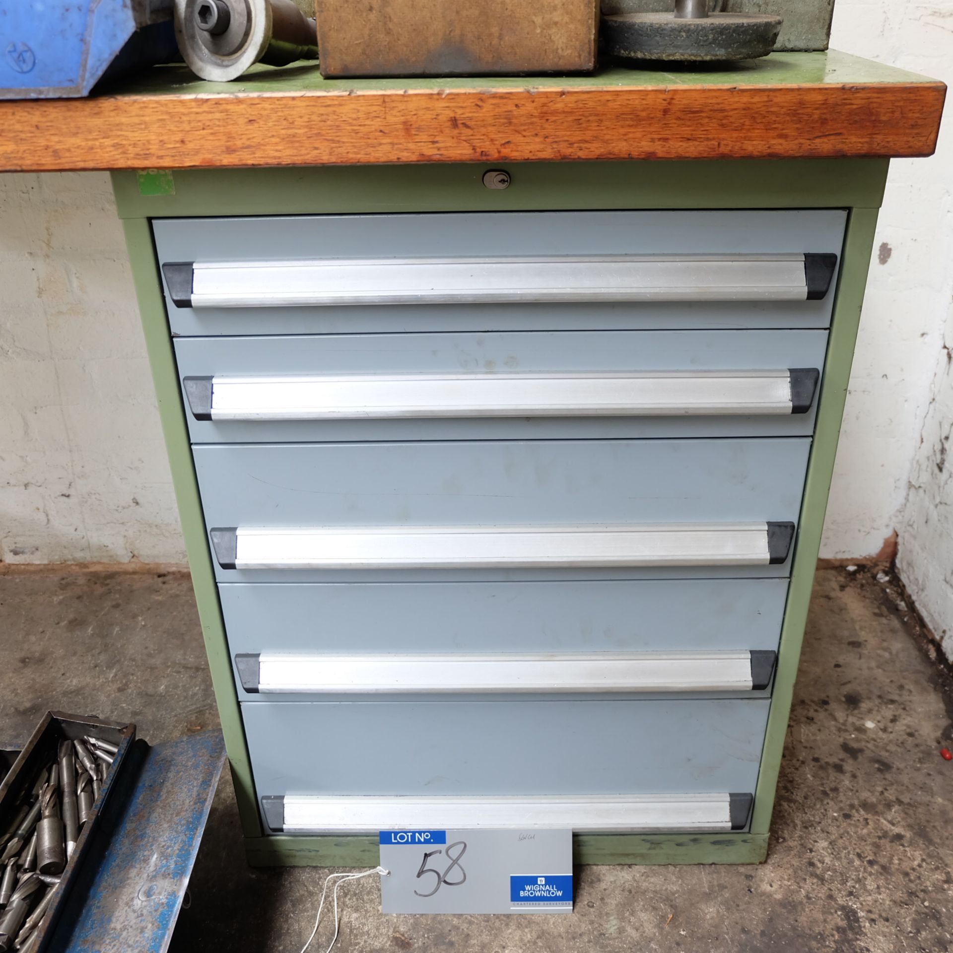 A Bott Steel Framed Timber Top Workbench, 59in x 27in x 33in h with 5 sliding drawers.