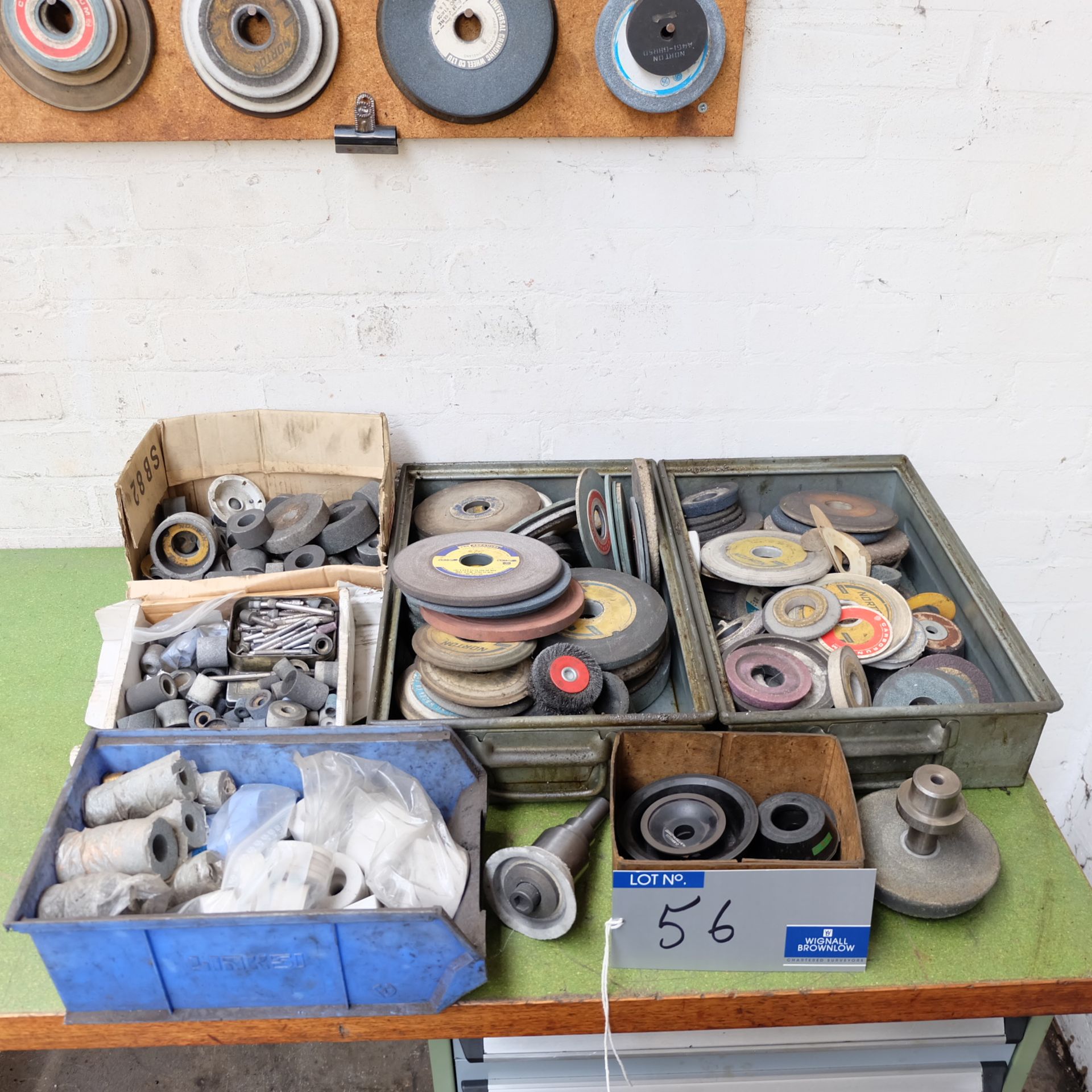 Assorted Used Grinding Wheels on wall rack and bench. - Image 2 of 2