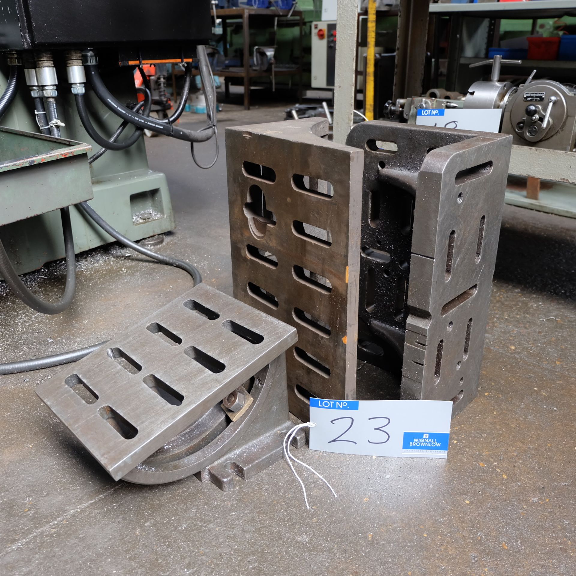 2 Cast Iron Angle Plates: 18in x 8in x 11in, 18in x 8in x 12in with Swivel Angle Plate, 12in x 9in x