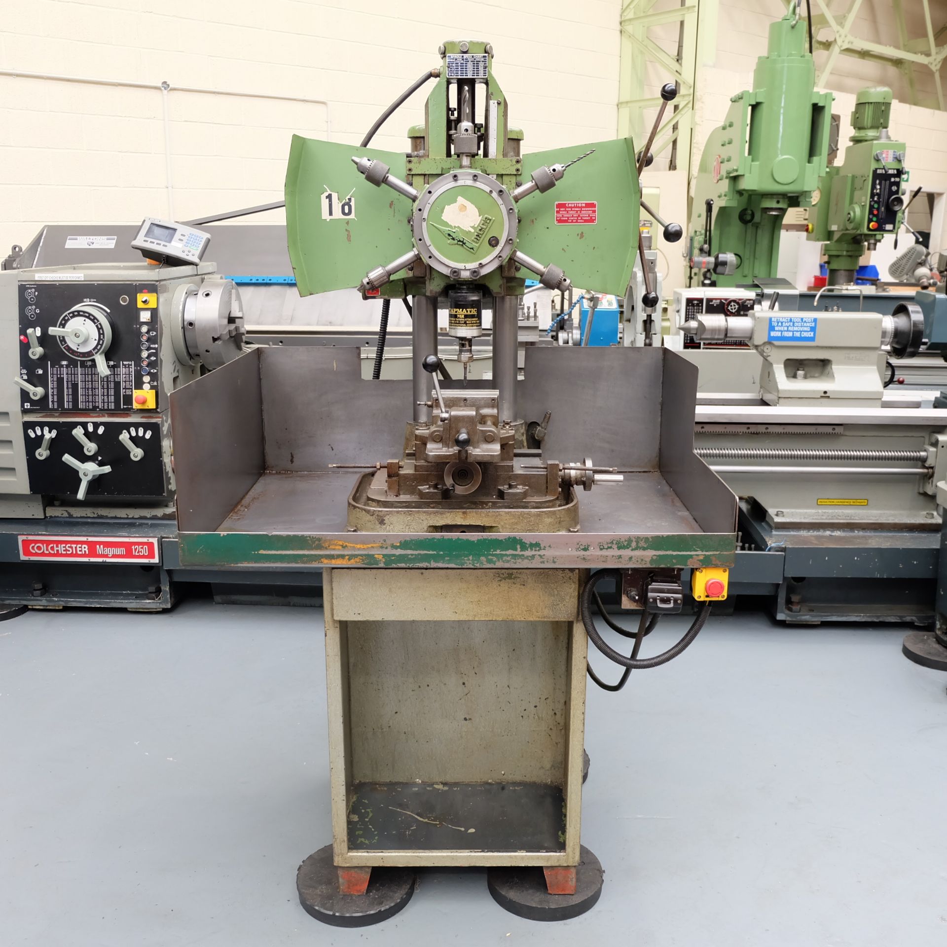 A Meca 6 Spindle Turret Drill, Table 20in x 16in with Compound Table, Turret Tools including 70X