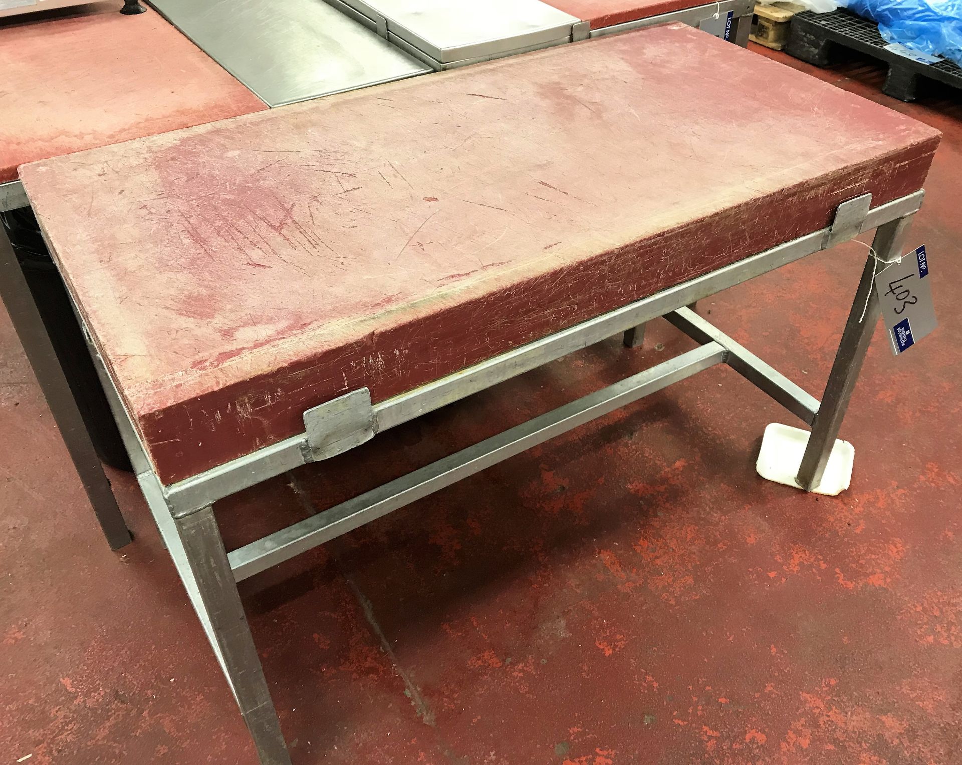 A Galvanised Steel Framed Butchers Block, 48in x 24in x 31in h (Fleetwood).