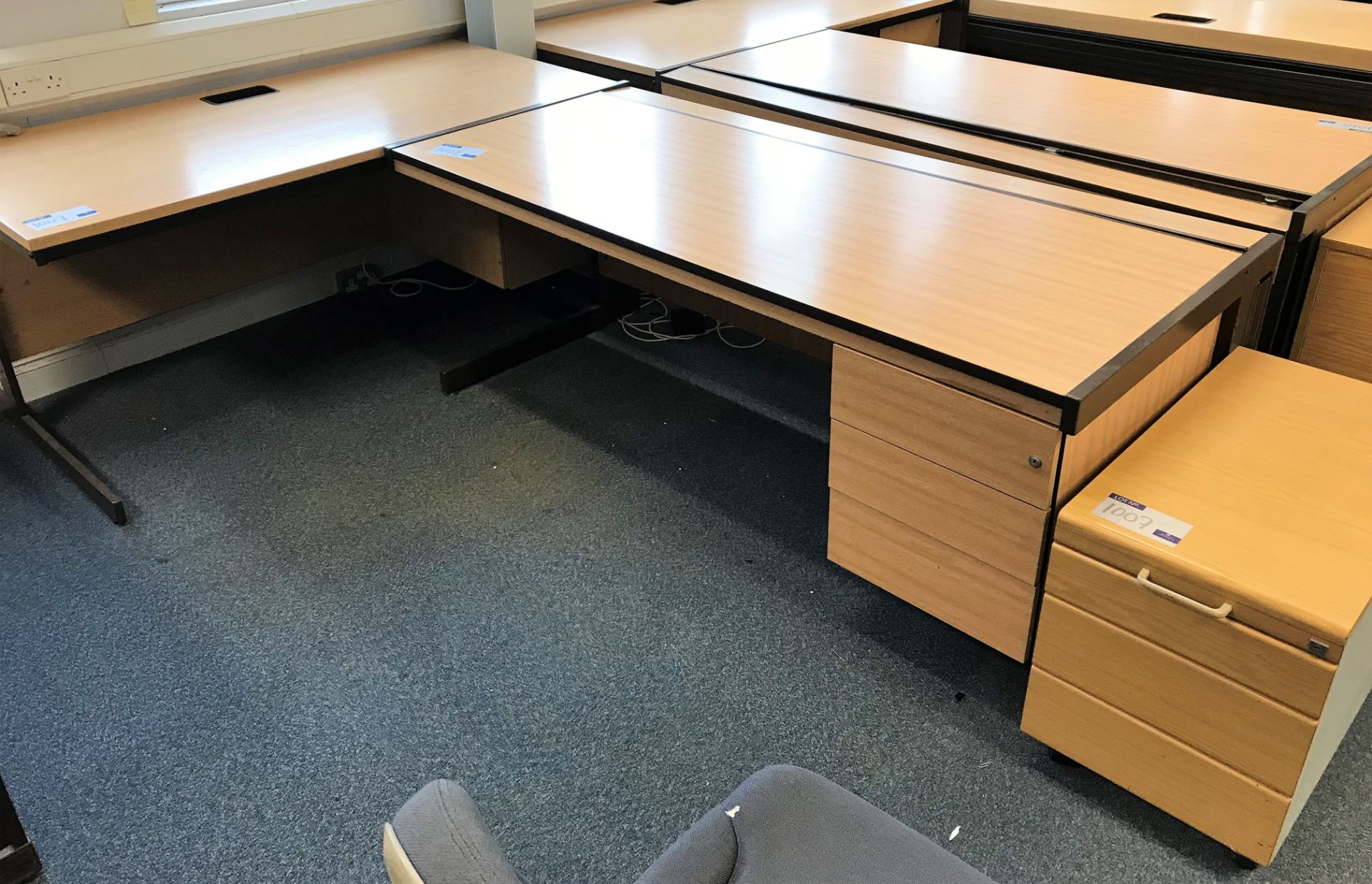 2 Light Oak Veneer Single Pedestal Desks, 1800 x 800mm and 1600 x 800mm with 3 drawer Filing