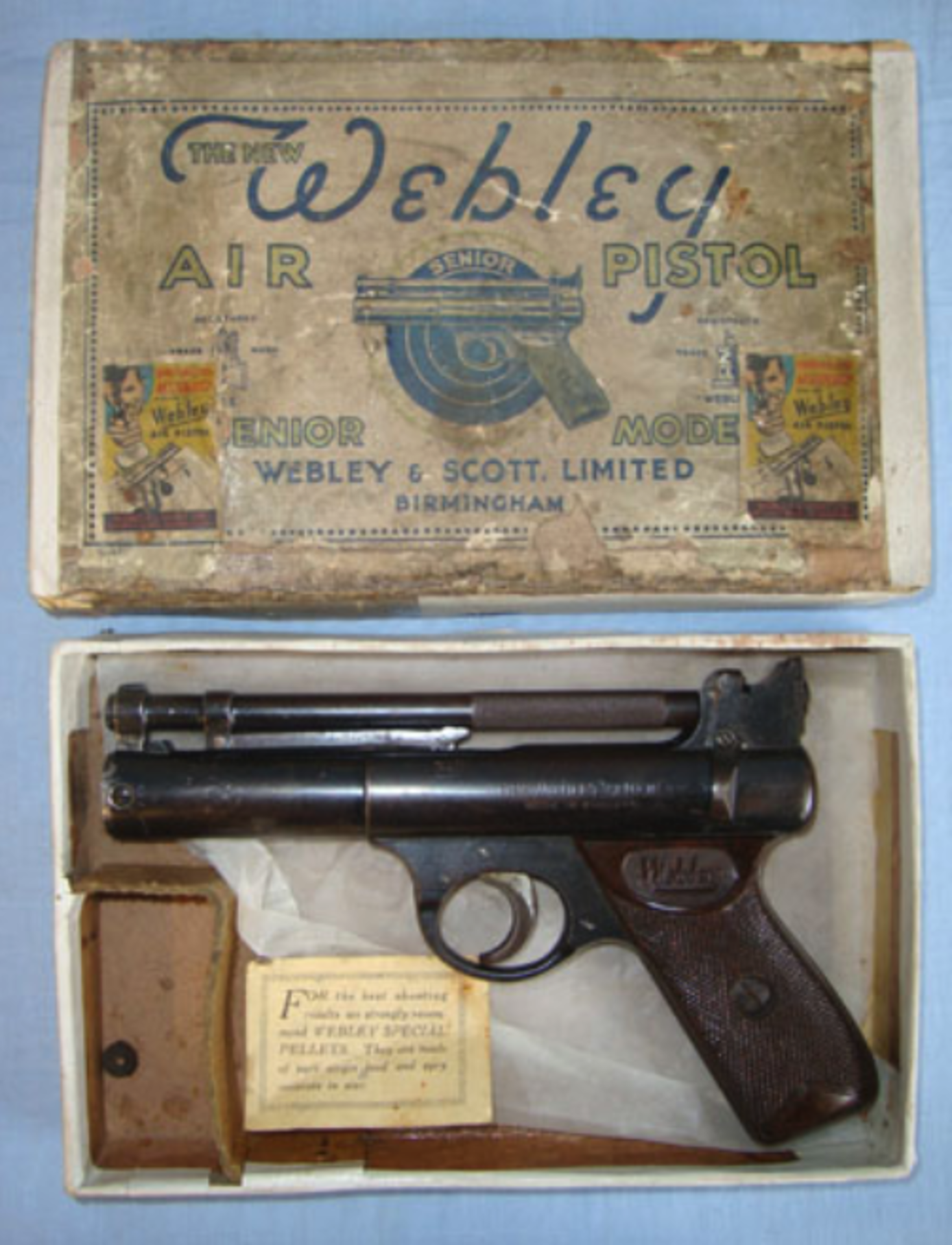 Boxed, Post 1958, Webley Senior .22 Calibre Air Pistol With Brown Grips.
