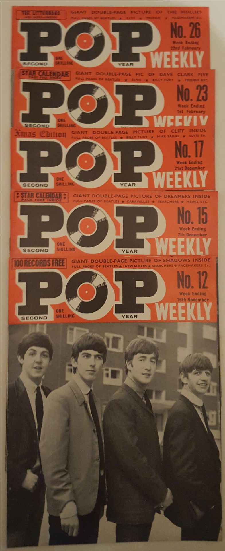 Vintage Retro 6 x Pop Weekly Magazines Front Cover Beatles 1963 to 1964.