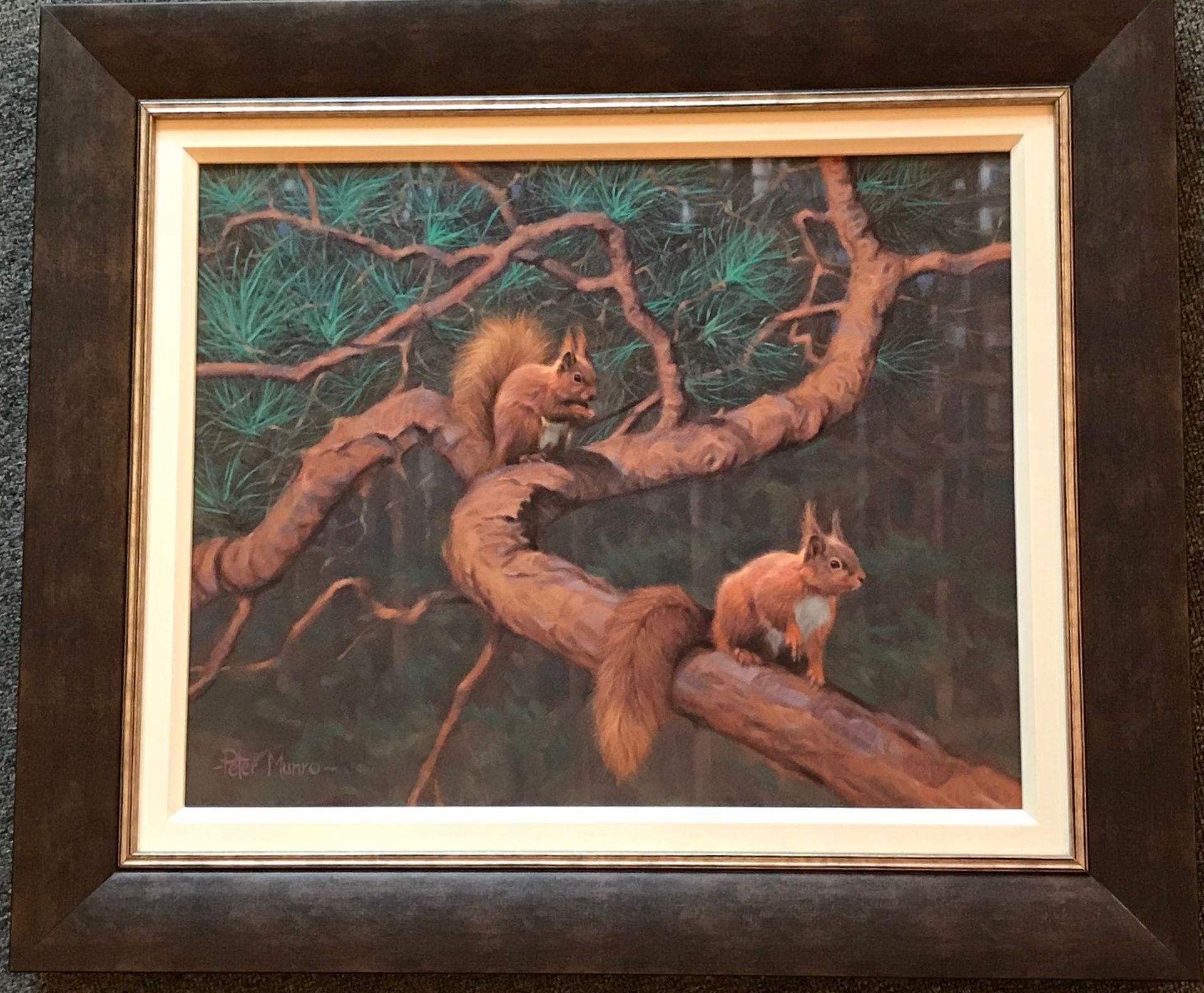 Peter Munro Scottish Bn 1954 signed oil on canvas Squirrels in the Woods Title: Squirrels in the - Image 2 of 4