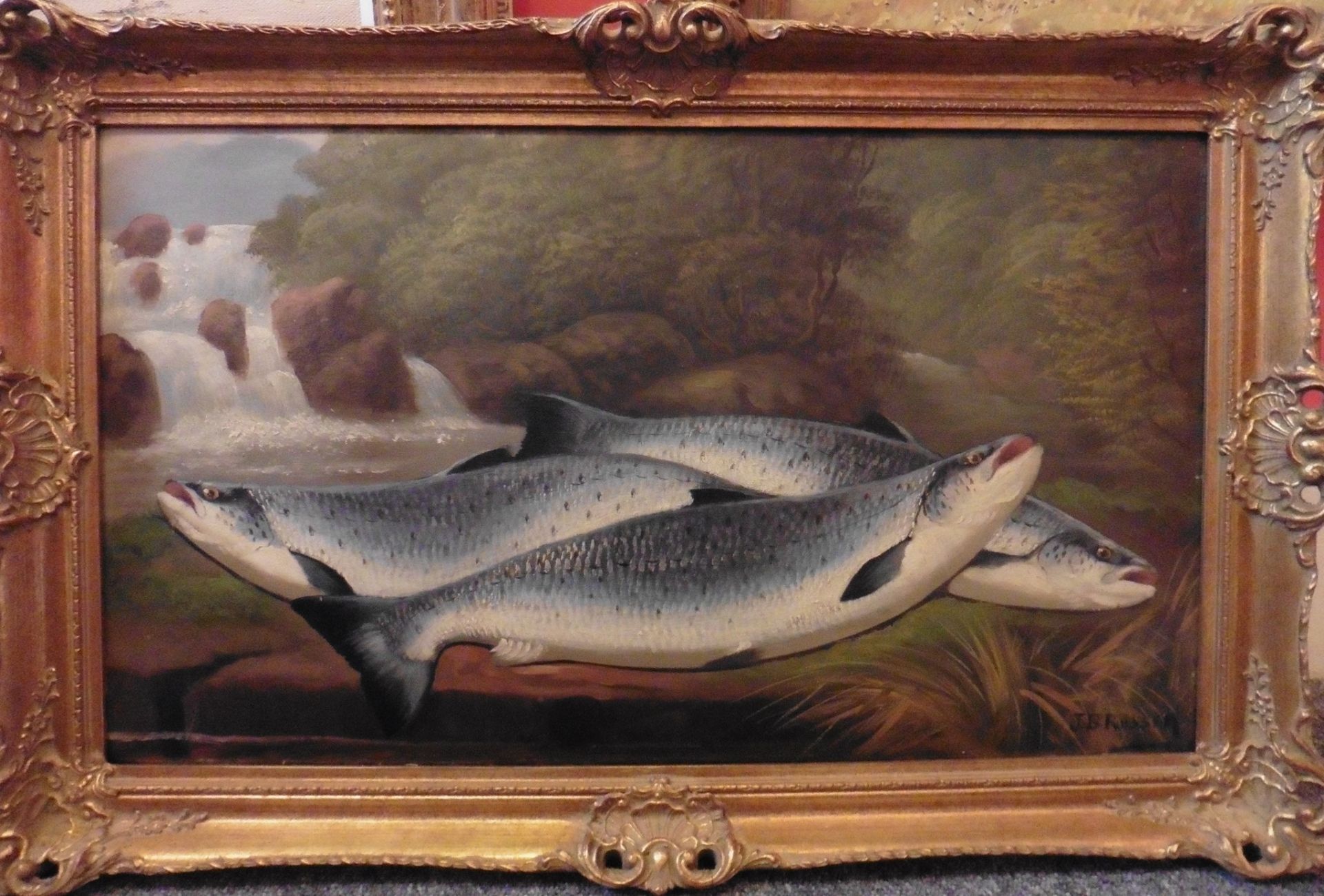 John Bucknell Russell 1841- 1884 (Scottish) signed oil on board 'Salmon on the riverbank' Title : - Bild 6 aus 7
