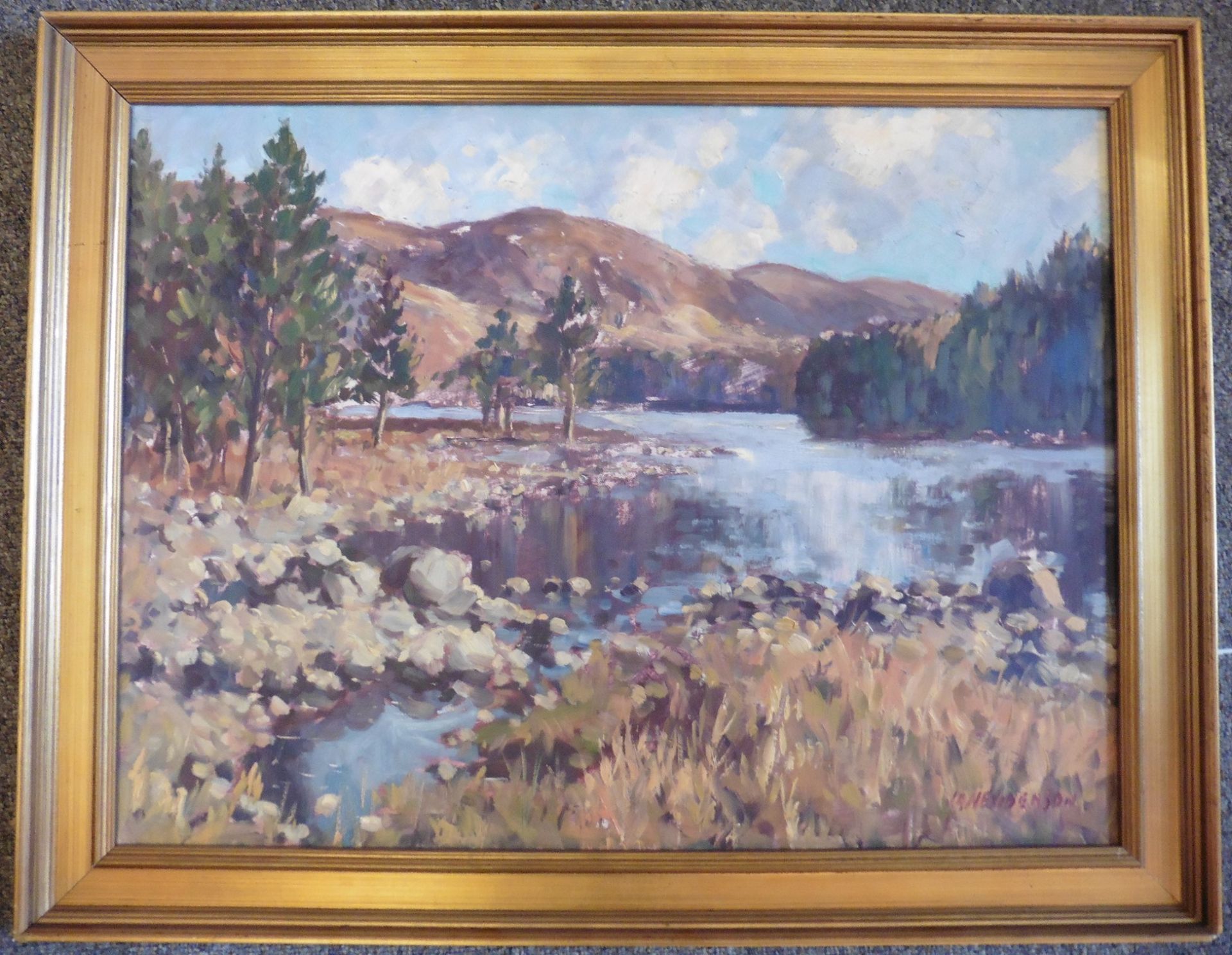 J D Henderson Scottish 20th Century Colourist signed oil Loch An Eilian Title : Loch An Eillan - Bild 2 aus 4