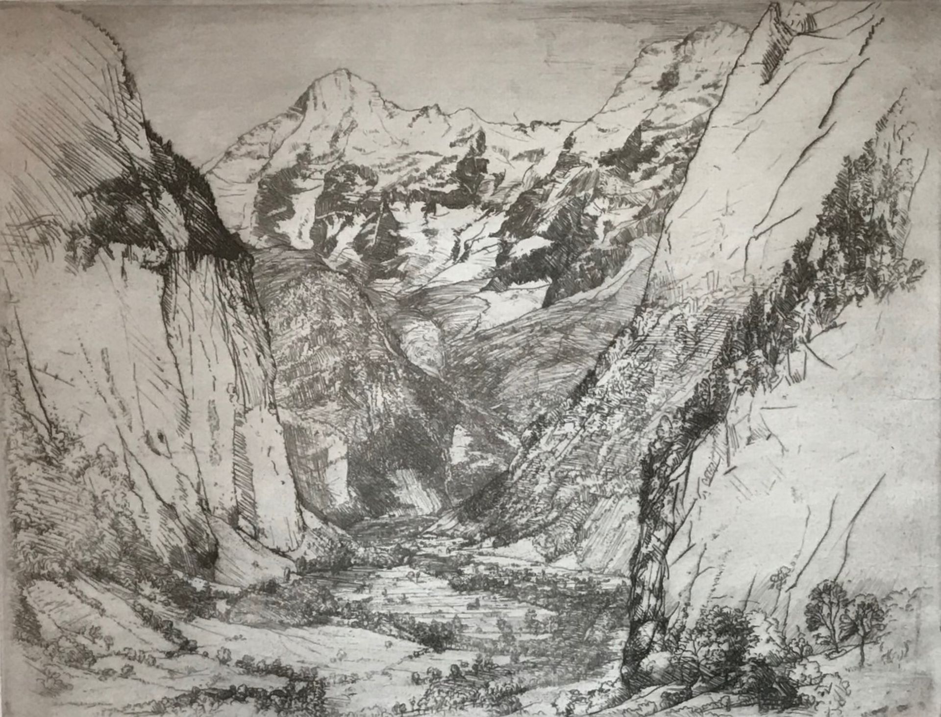Indistintly pencil signed Etching "mountains and valley" Title : Mountains and Valley' Artist :