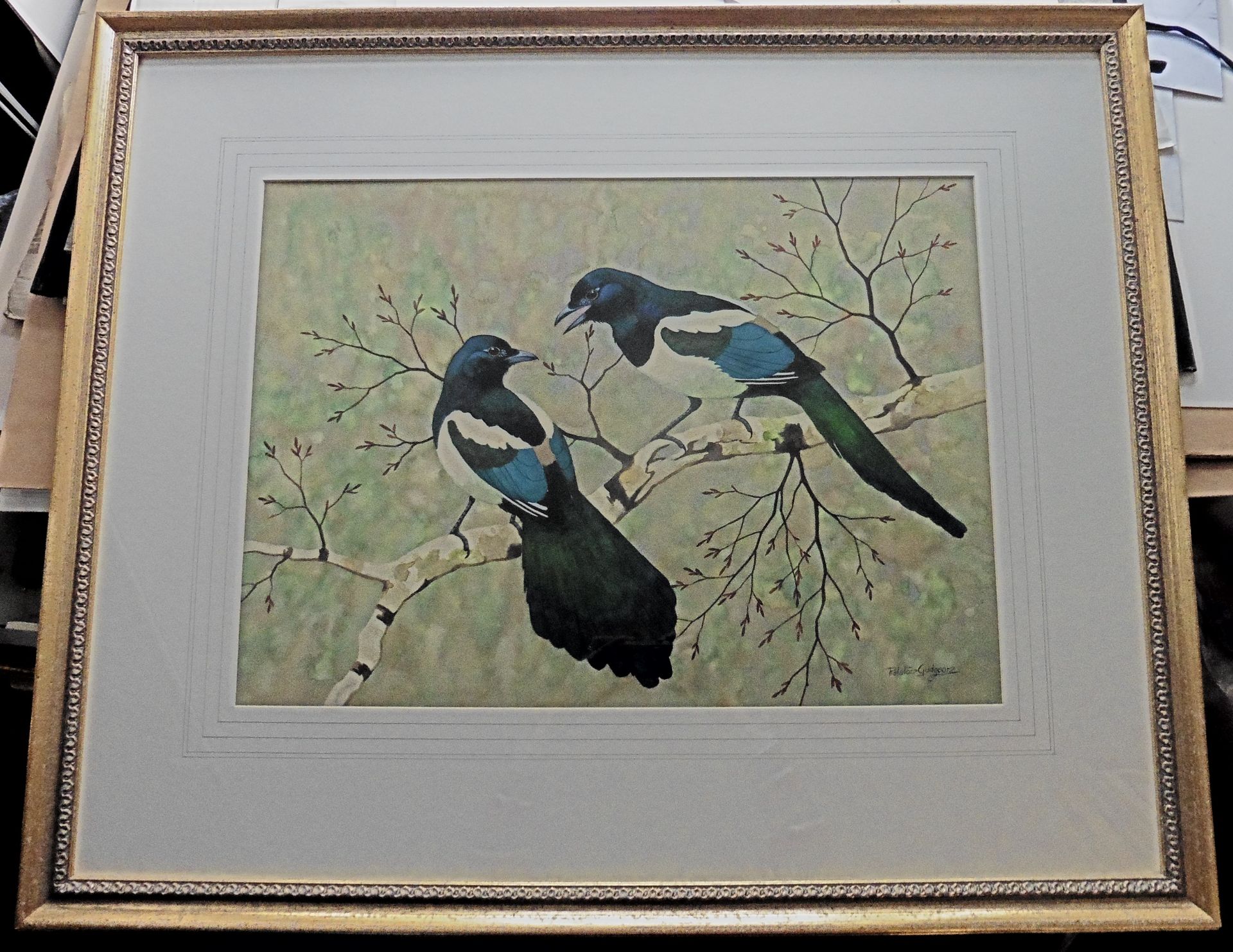 Ralston Gudgeon, Scottish 1910- 1984 large signed watercolour 'Magpies' Title Magpies Artist : - Image 4 of 4