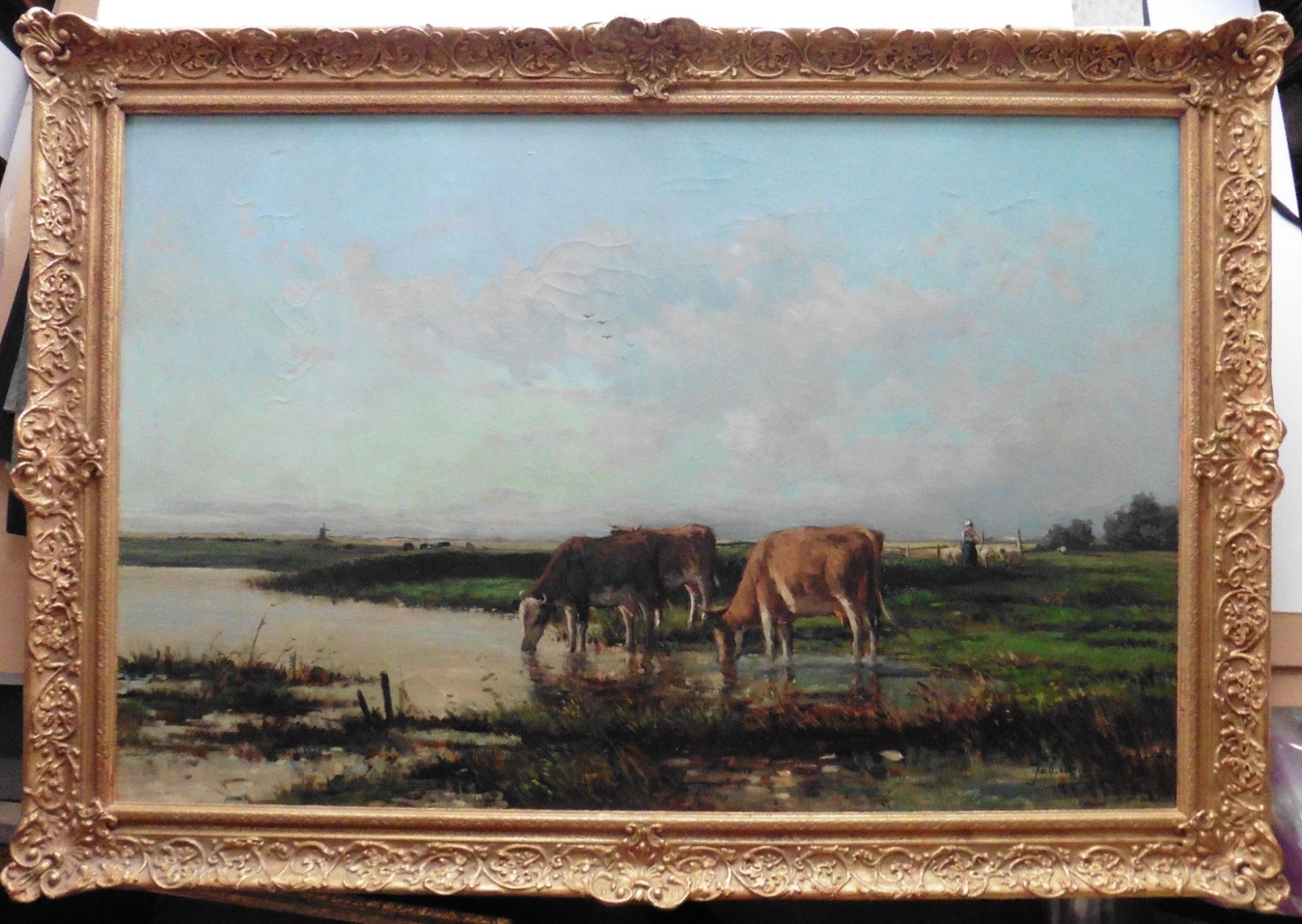 Jon Von Altena Danish 19th/20thC large signed landscape oil painting Title : Cattle Watering - Image 2 of 9