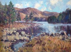 J D Henderson Scottish 20th Century Colourist signed oil Loch An Eilian Title : Loch An Eillan