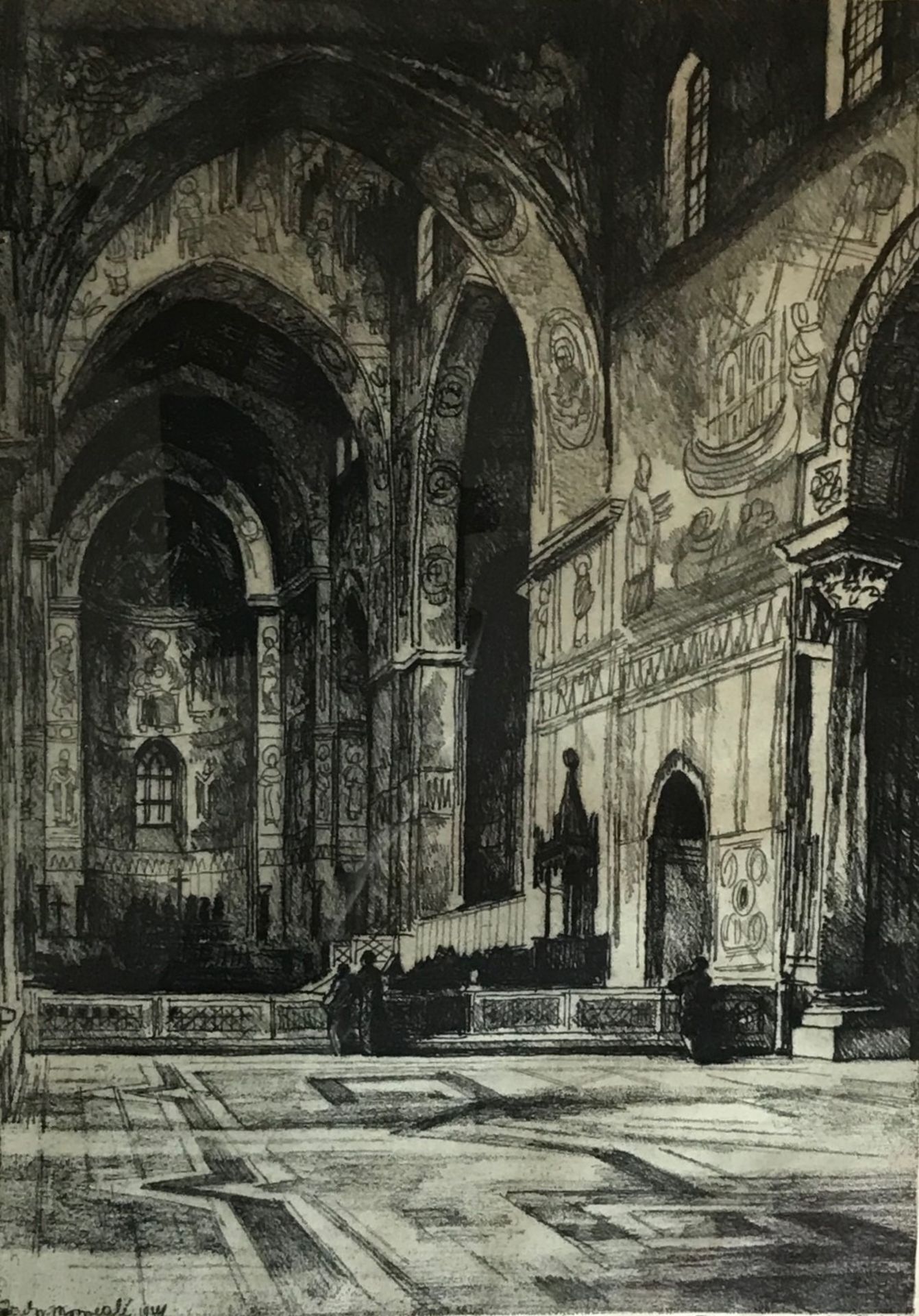 Indistintly pencil signed Etching "Cathedral interior' Title : 'Cathedral interior' Artist :