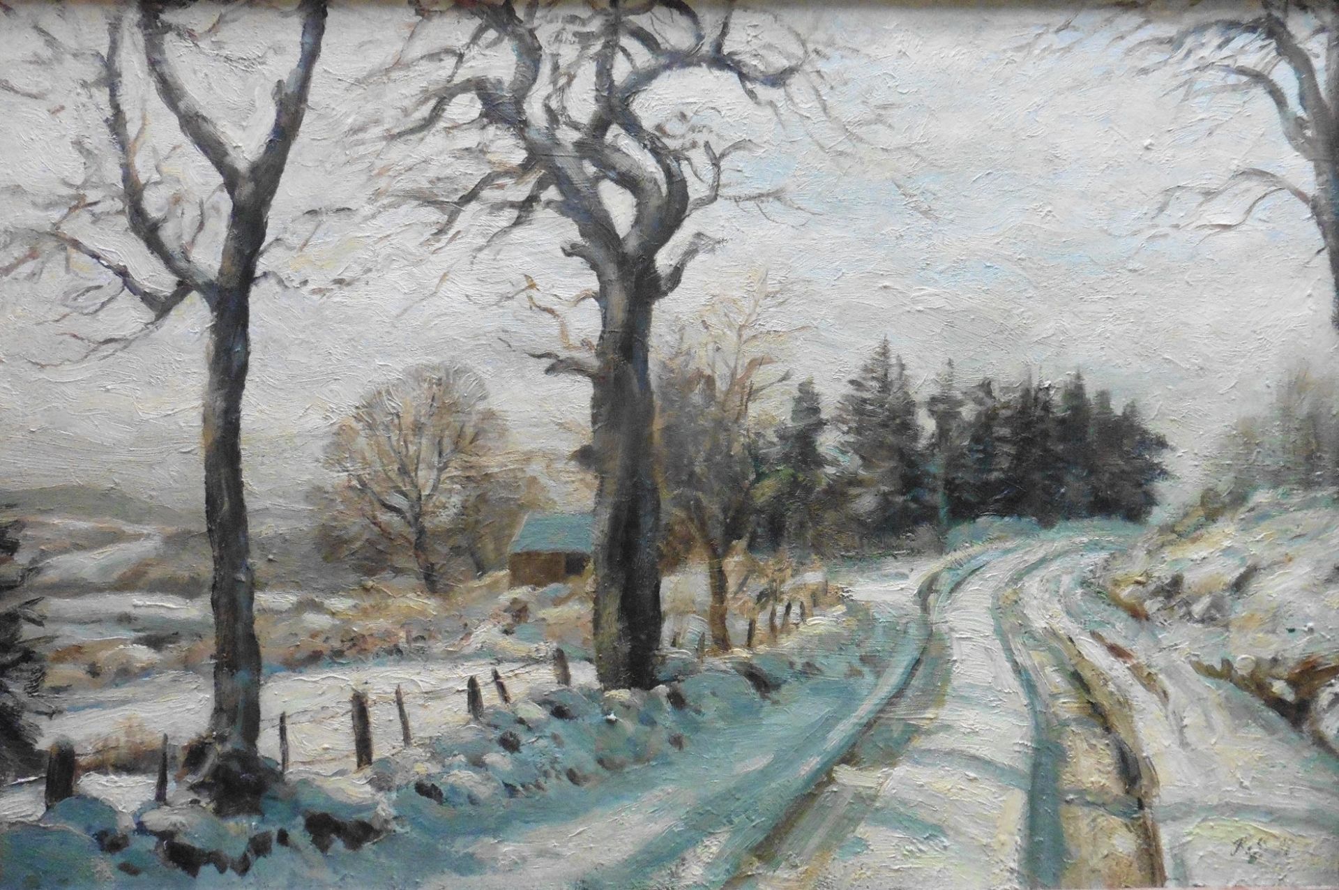 John Ross Contemporary Scottish artist signed oil 'The Road in Winter' Title : The Road in Winter