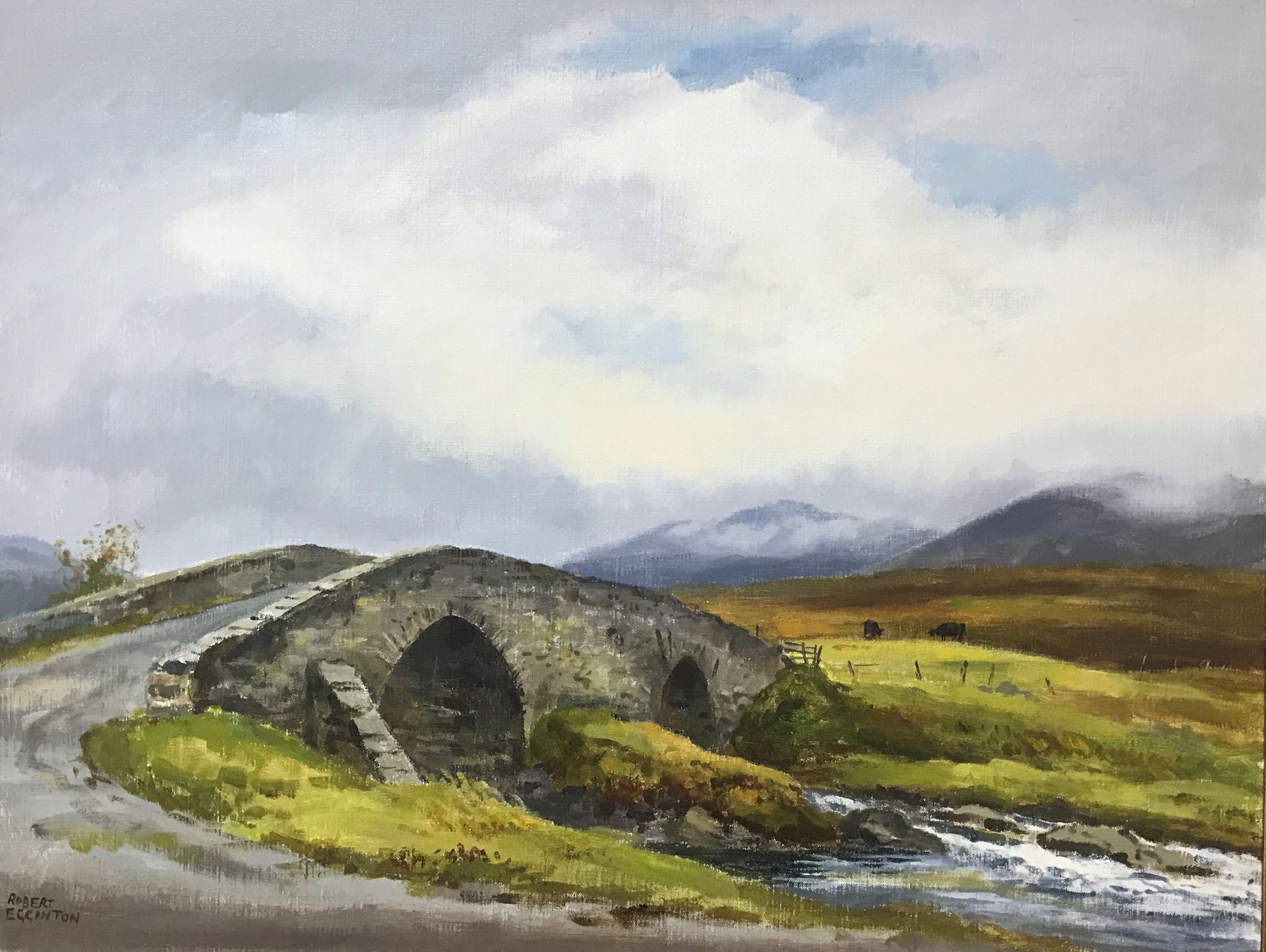 Robert Egginton British born 1934 signed oil on canvas Garve Upper Spey Title : Garve Bridge Upper