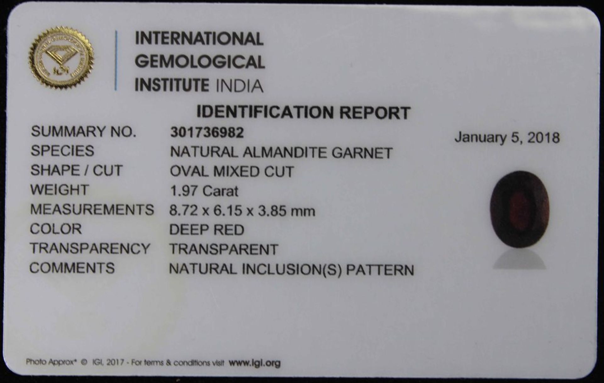 NO RESERVE 1.97 Ct Almandite Garnet with IGI Certificate - Image 2 of 2