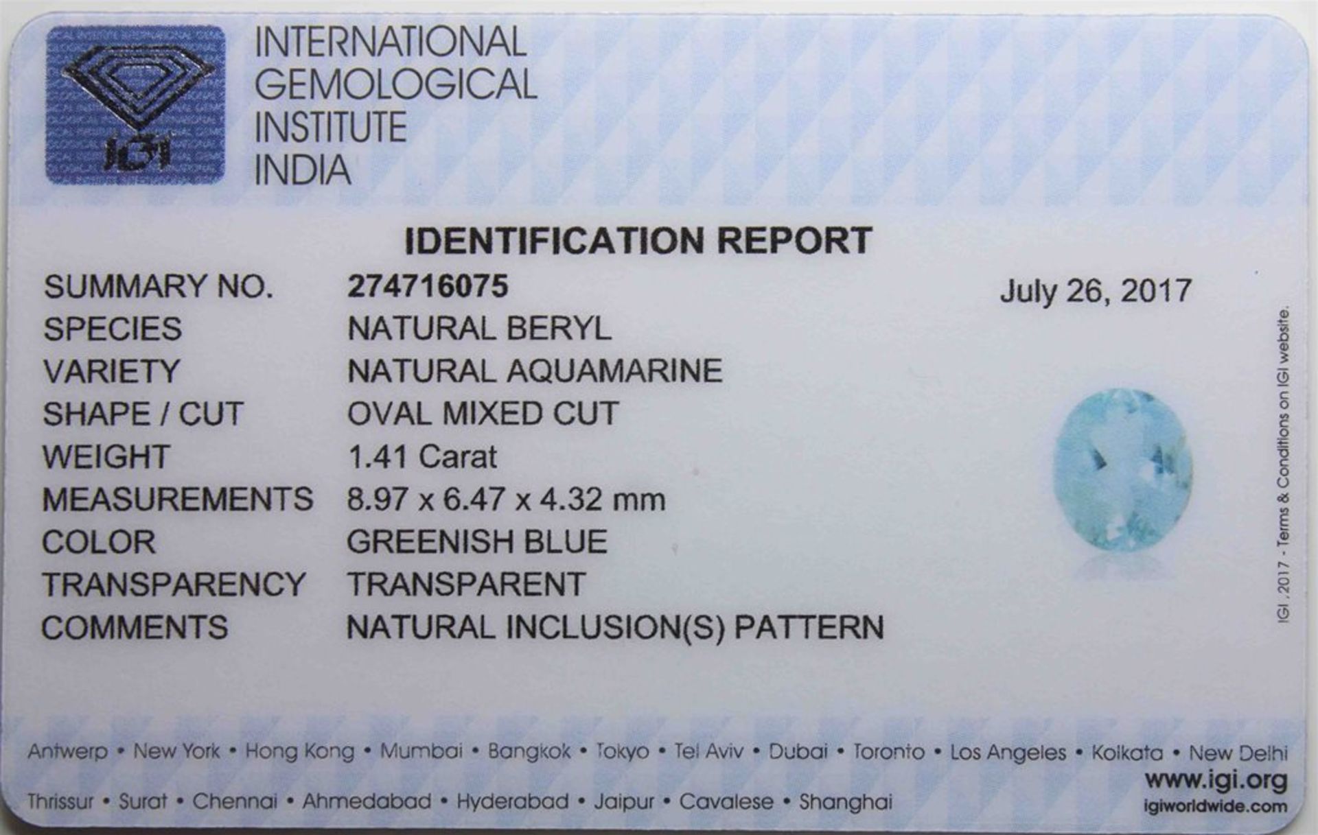 NO RESERVE - 1.41 CT Aquamarine With IGI Certificate - Image 4 of 4