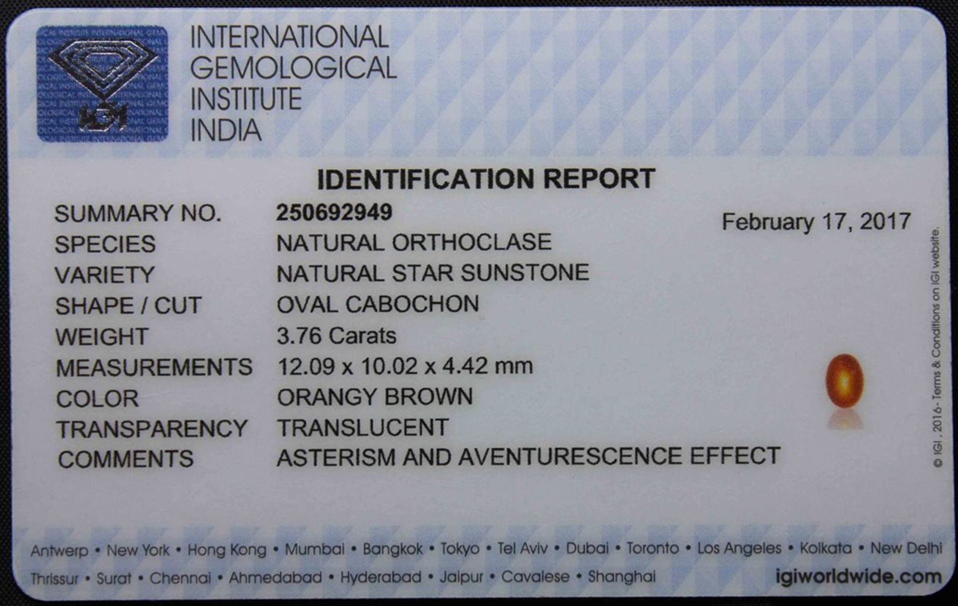 NO RESERVE - 3.76 CT Star Sunstone With IGI Certificate - Image 3 of 4