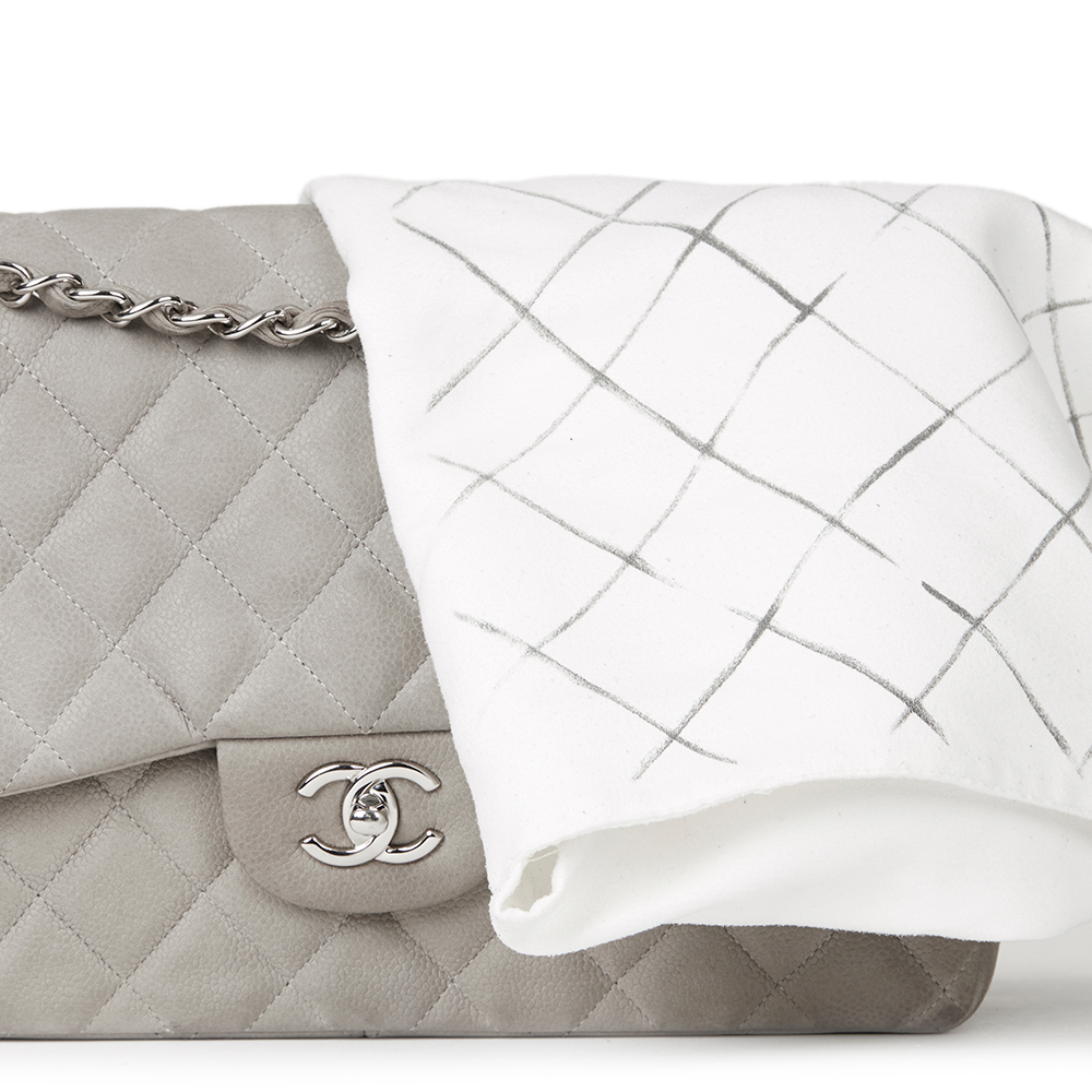 Chanel Grey Quilted Caviar Suede Jumbo Classic Double Flap Bag - Image 10 of 10