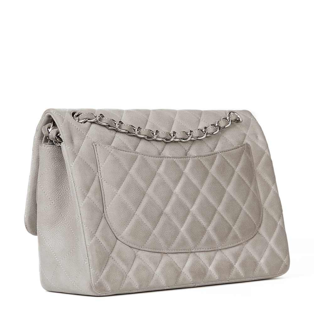 Chanel Grey Quilted Caviar Suede Jumbo Classic Double Flap Bag - Image 4 of 10