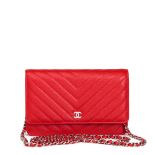 Chanel Red Chevron Quilted Caviar Leather Wallet-On-Chain WOC