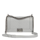 Chanel Grey Chevron Quilted Calfskin Leather Medium Le Boy