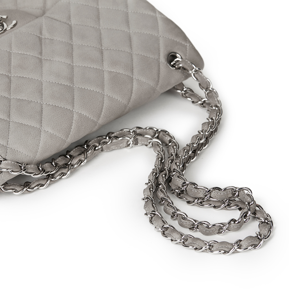 Chanel Grey Quilted Caviar Suede Jumbo Classic Double Flap Bag - Image 7 of 10