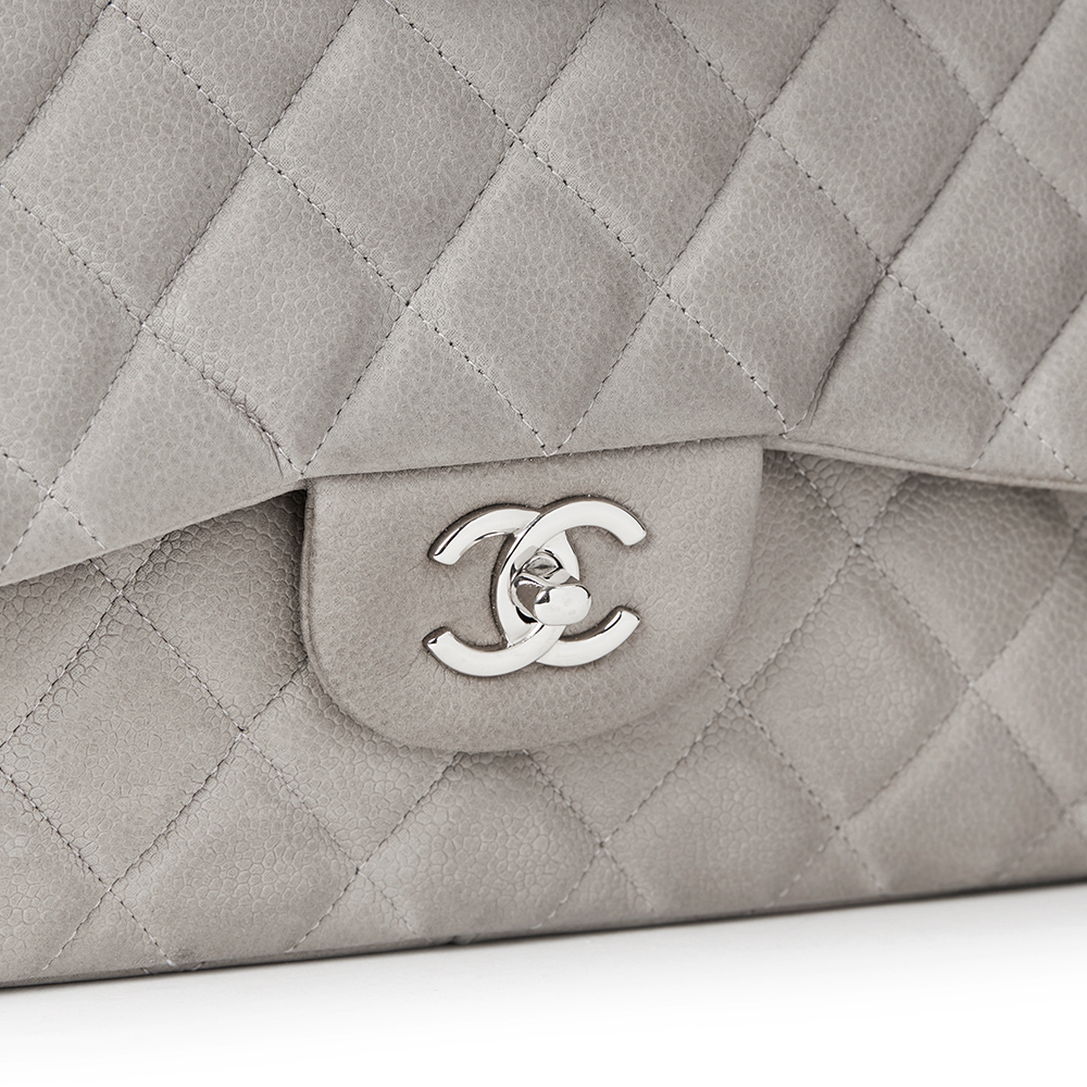 Chanel Grey Quilted Caviar Suede Jumbo Classic Double Flap Bag - Image 6 of 10