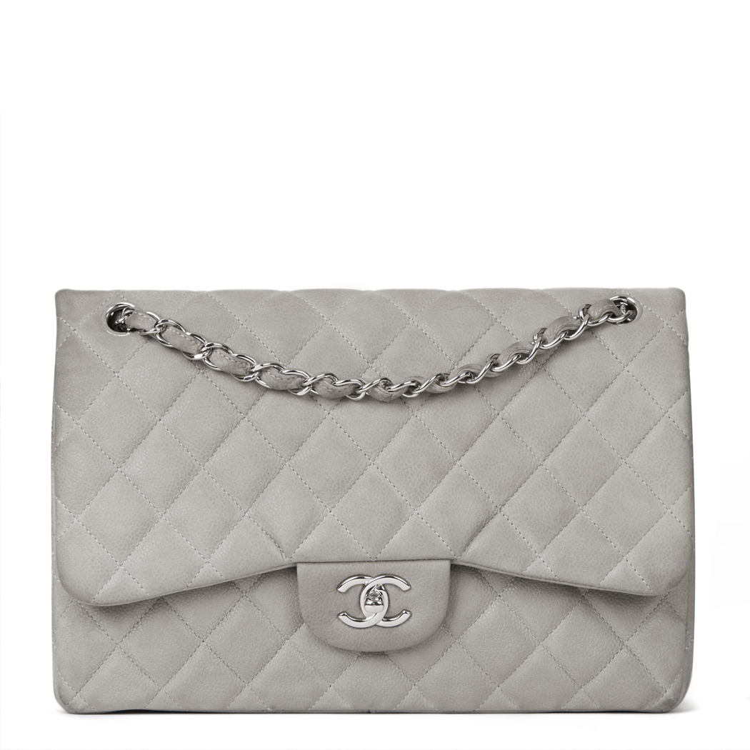 Chanel Grey Quilted Caviar Suede Jumbo Classic Double Flap Bag