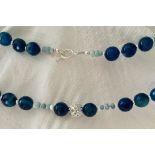 Blue round 12 mm faceted Agate Beads Blue Opal Necklace 20.5 inch long 925 silver toggle clasp