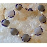 Grey Druzy and freshwater cultured pearls bracelet Druzy Crystal grey frost organic