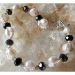 Black Spinel facated bead and freshwater cultured pearl miyukl beads 925 clasp bracelet