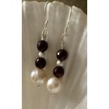 Indian Garnet and real Cultured Freshwater pearls Dangly Earrings 925 silver