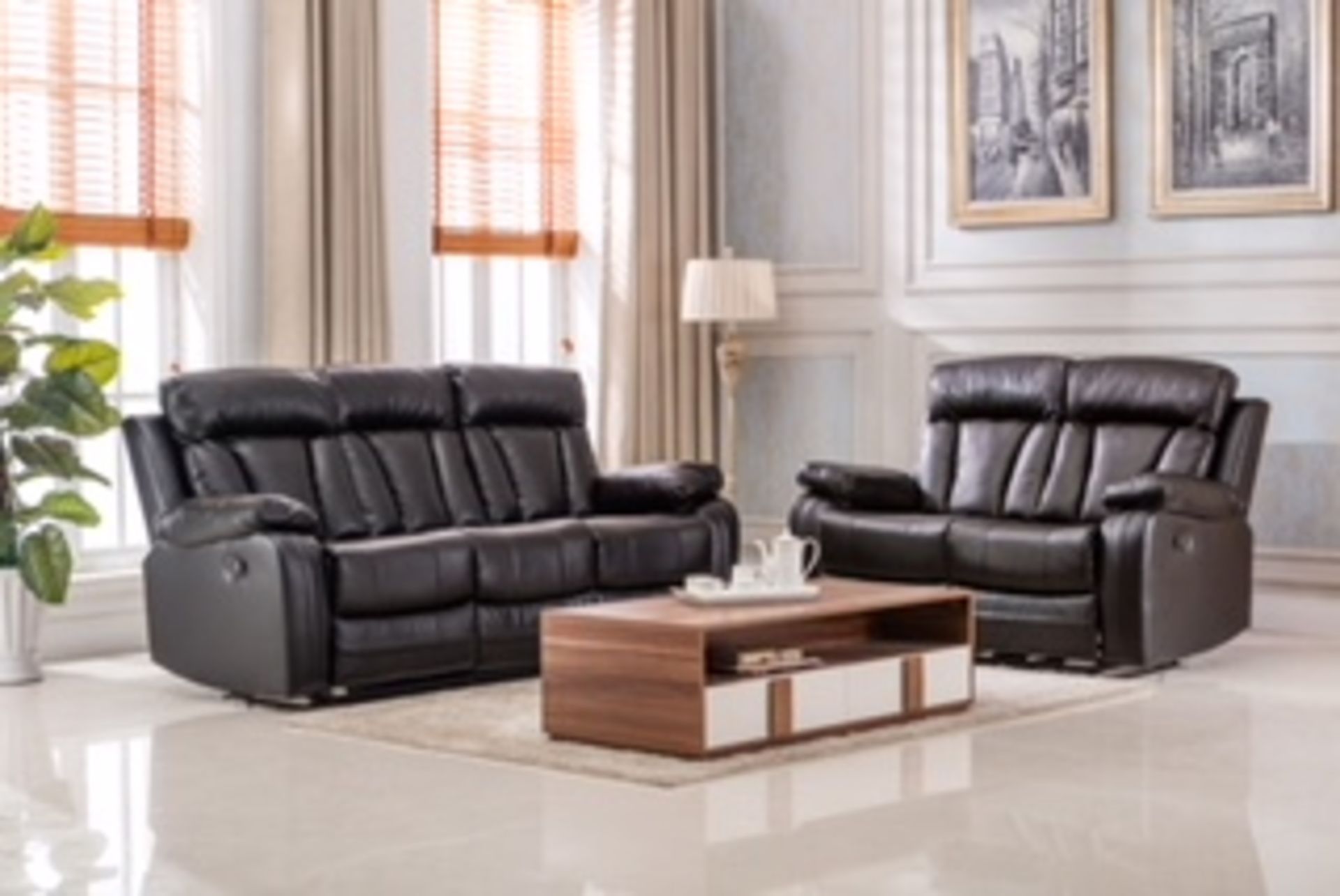 Brand New Boxed 3 Seater Plus 2 Seater Manhattan Black Leather Manual Reclining Sofas