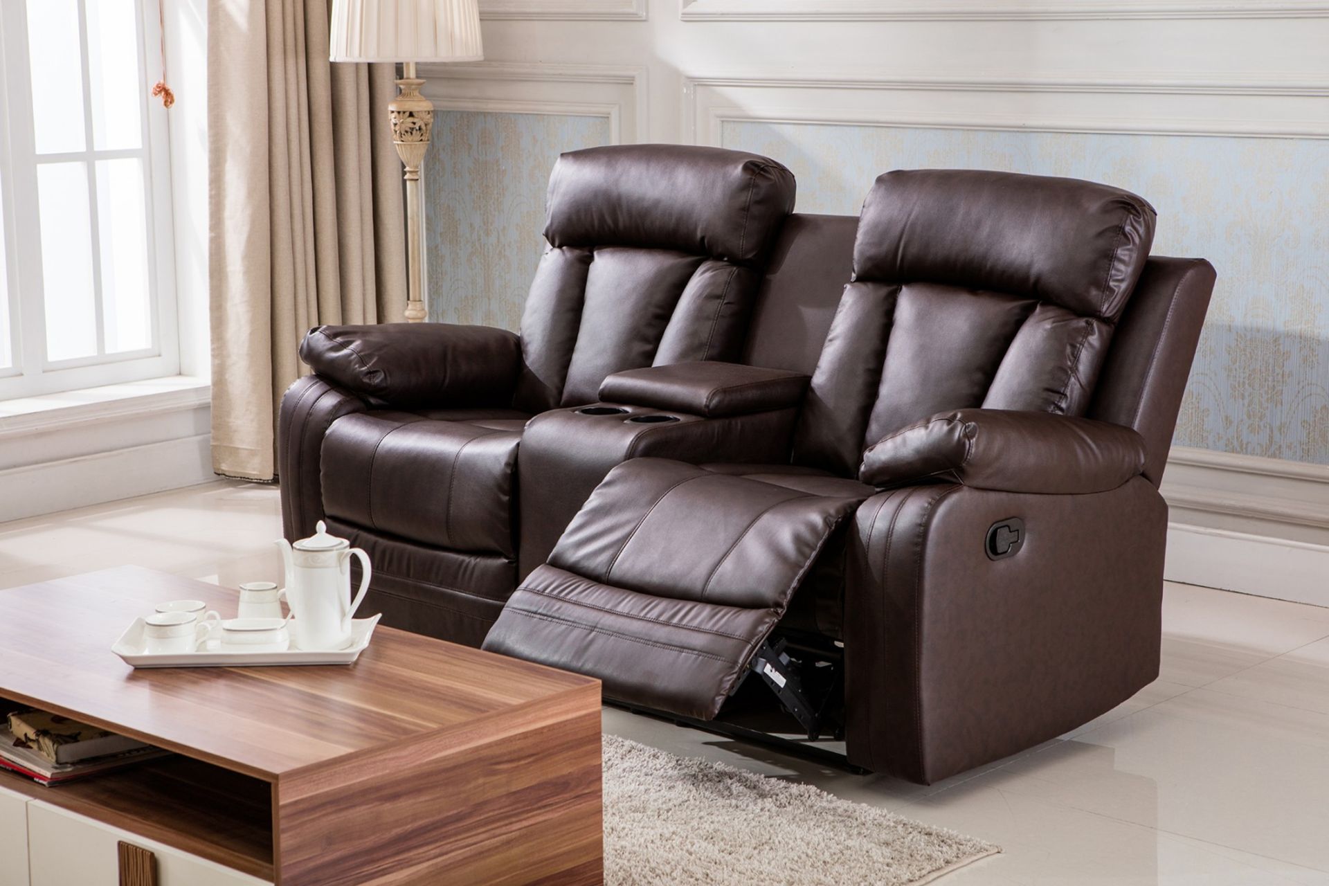 Brand New 2 Seater Manhattan Manual Reclining Sofa With Console And Drinks Holder In Brown Leather