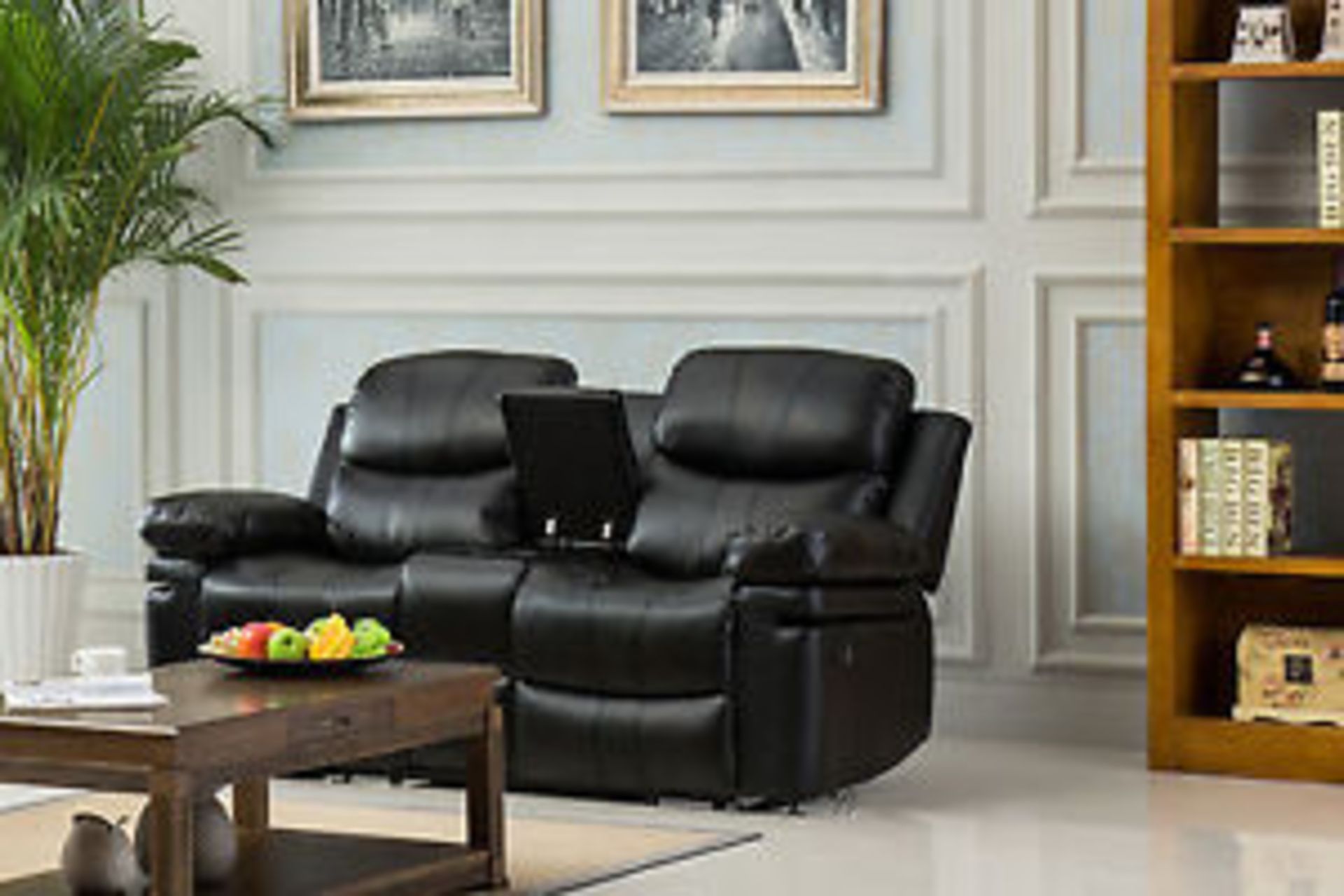 Brand New 2 Seater Manhattan Electric Reclining Sofa With Console And Drinks Holder In Black Leather