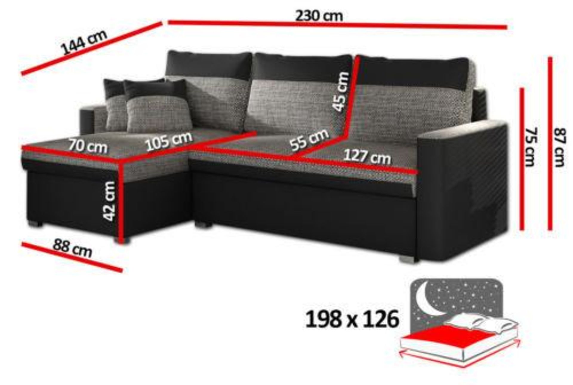 Brand New Flˆvio Right Hand Facing Black/Grey Corner Fold Out Sofa Bed With Storage - Bild 3 aus 3