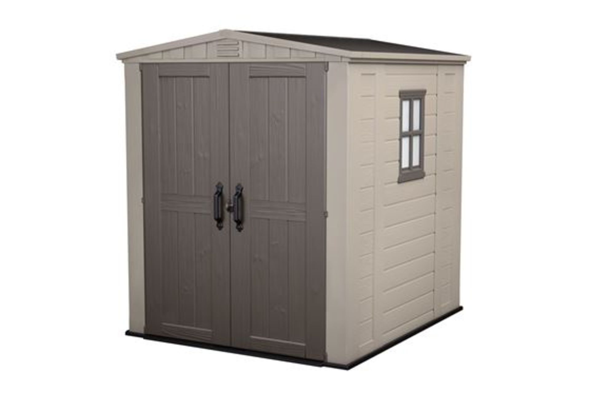 As new but unboxed on pallet Keter Factor Outdoor Plastic Garden Storage Shed, 6 x 6 feet The