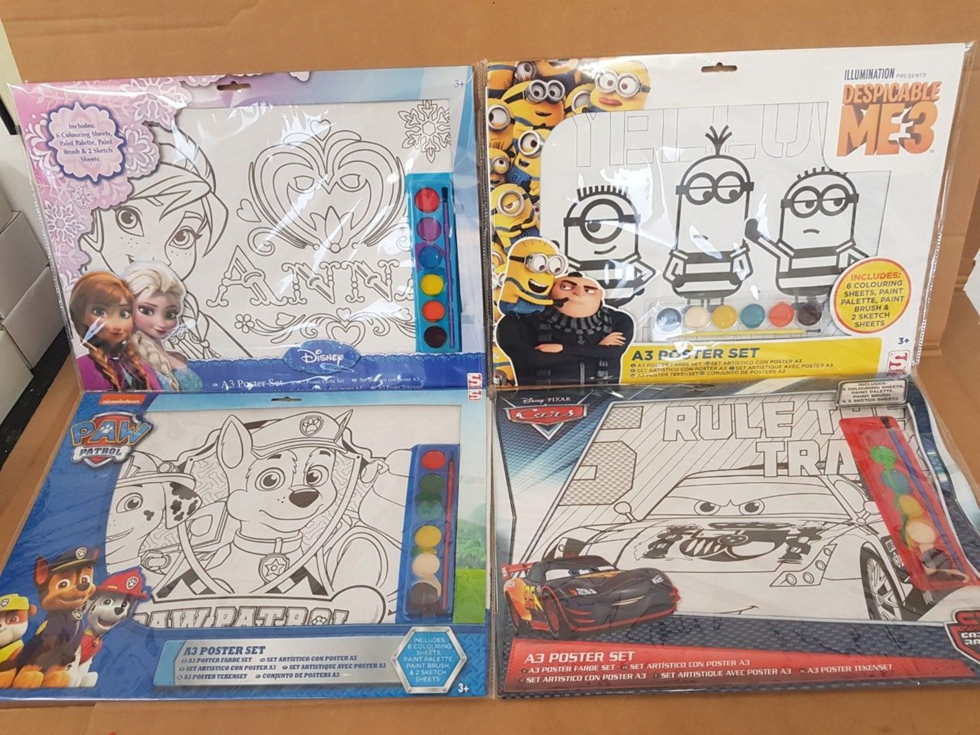 60 x Brand New A3 POSTER SETS CARS, MINIONS, FROZEN, PAW PATROL. A3 POSTER SETS. EACH INCLUDES: 6