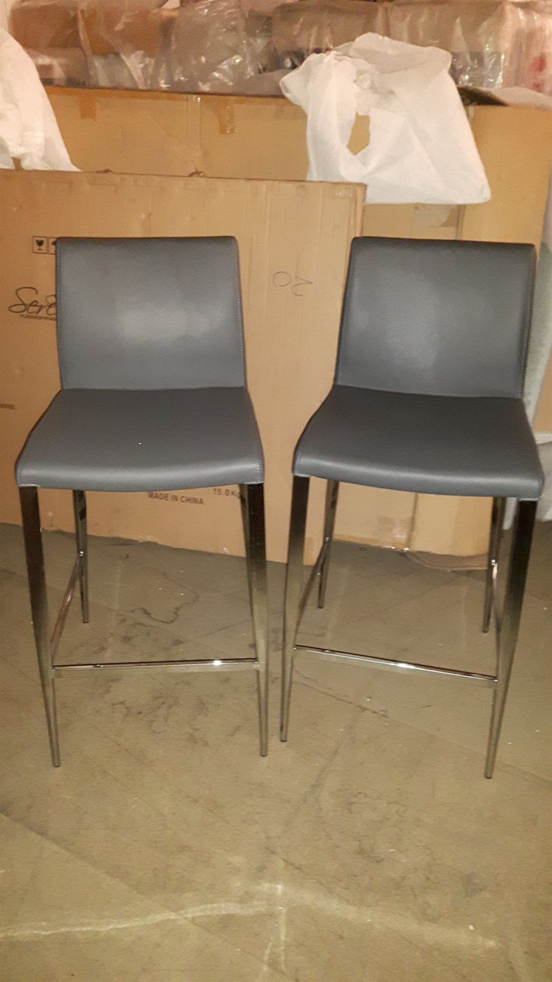 2 Grey Faux Leather Bar Stools with Chrome Legs