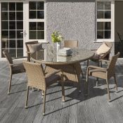 The Edinburgh rattan dining set in taupe consists of 6 stackable dining armchairs with grey cushions