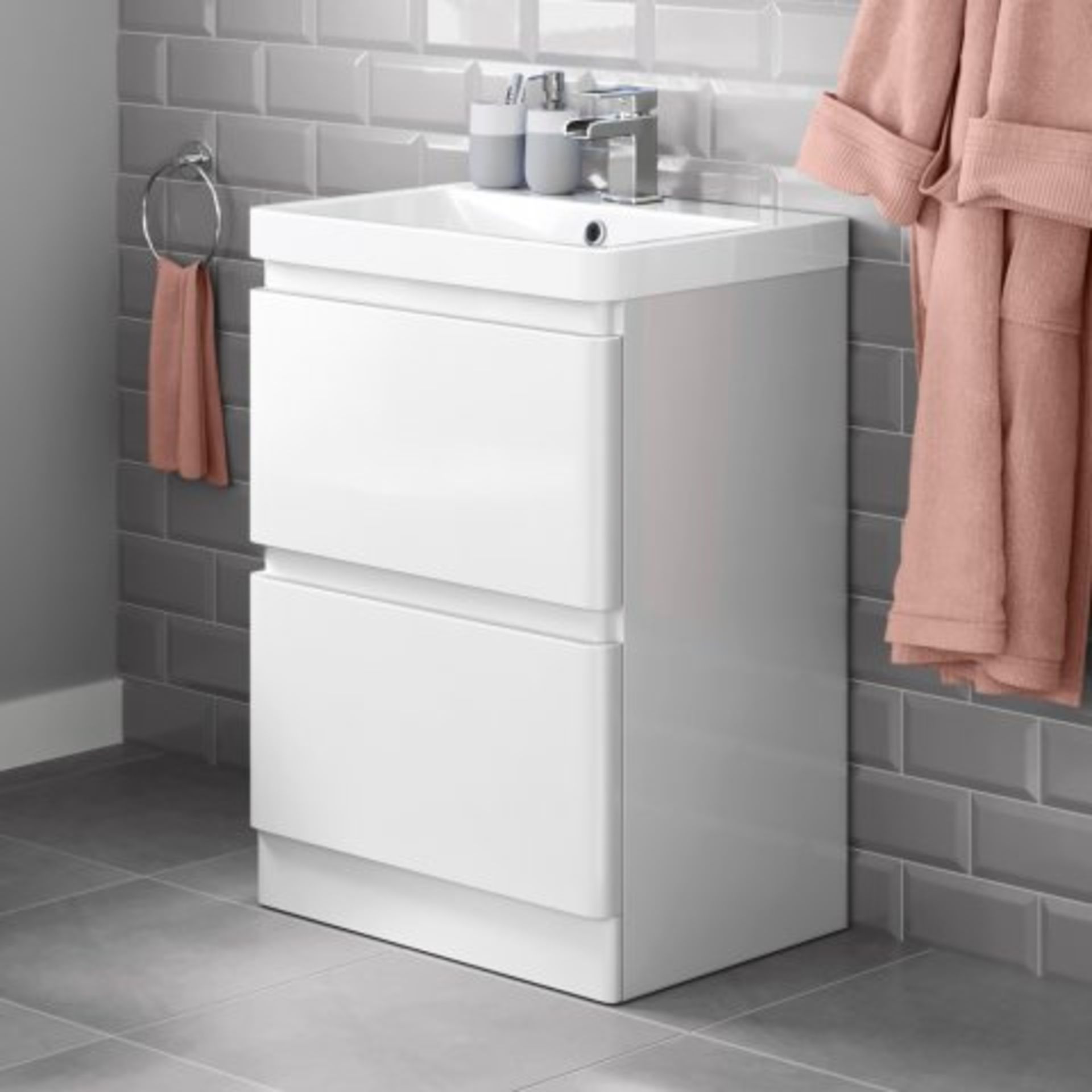 (H2) 600mm Denver II Gloss White Built In Basin Drawer Unit - Floor Standing. RRP £599.99. COMES