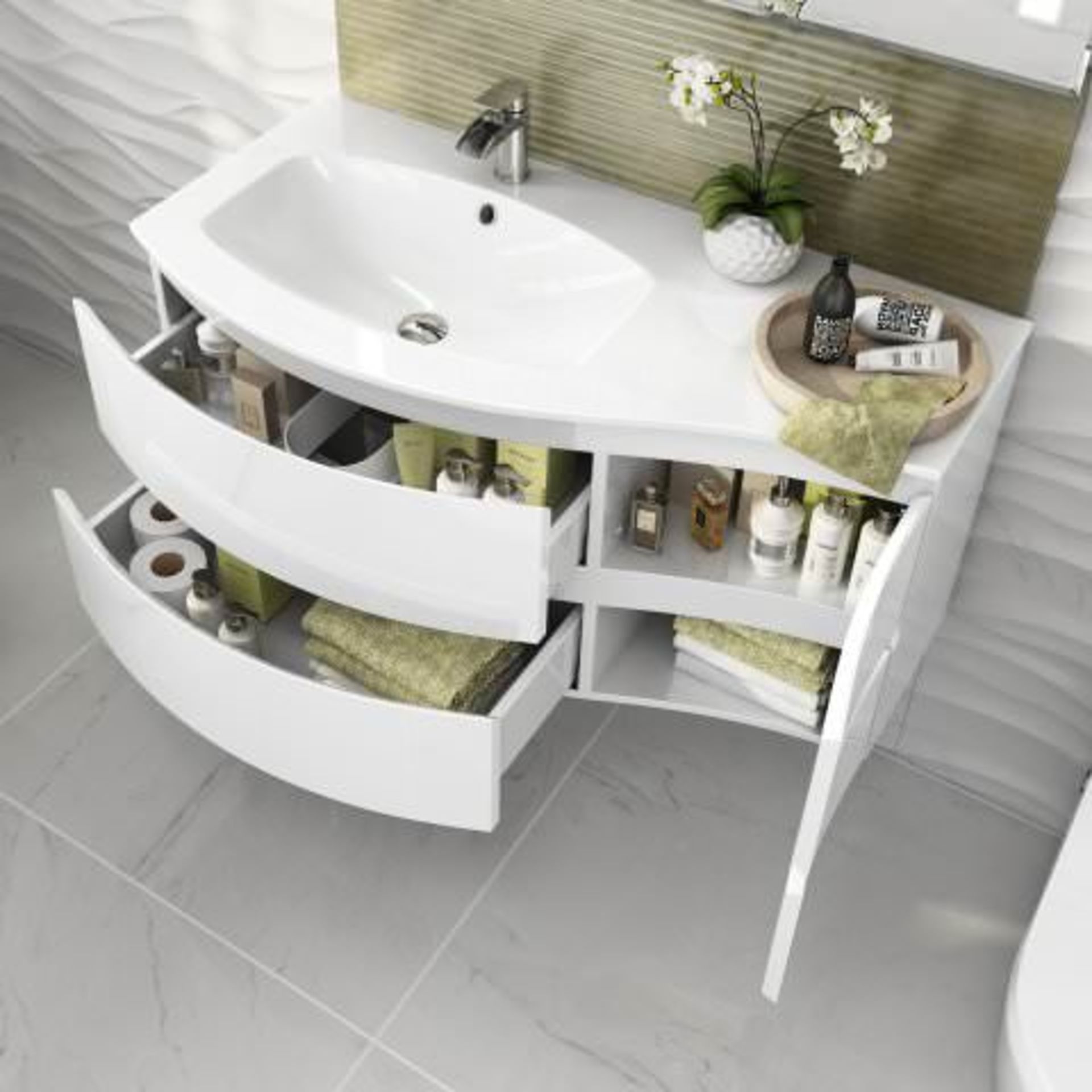 (W318) 1040mm Amelie High Gloss White Curved Vanity Unit - Left Hand - Wall Hung. RRP £1,249. - Image 2 of 4