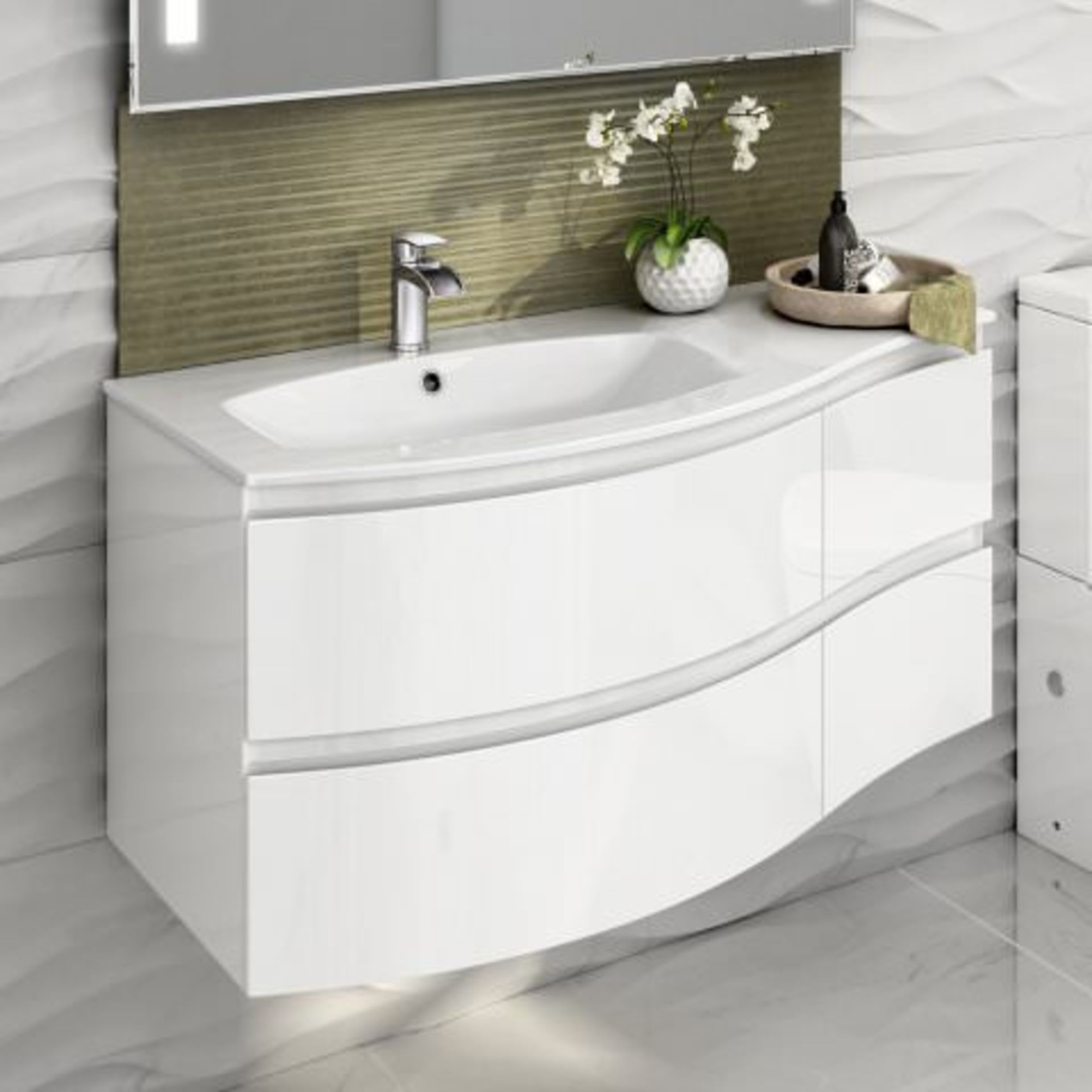 (W318) 1040mm Amelie High Gloss White Curved Vanity Unit - Left Hand - Wall Hung. RRP £1,249.